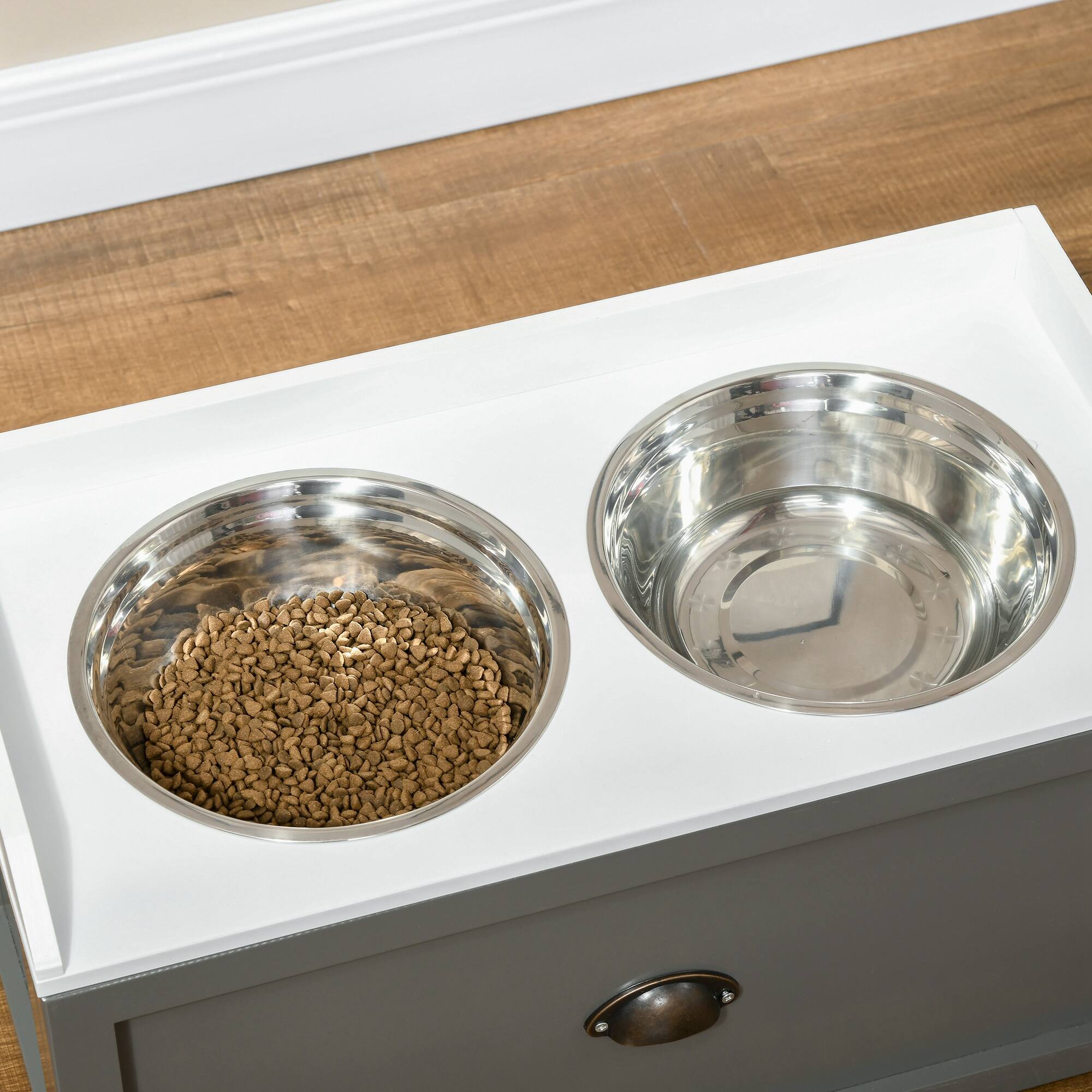 Alt View 4. Pawhut - Feeding Station with Storage Drawer, Food Storage Cabinet with 2  Elevated Dog Bowls for Large Sized Dogs - Gray.