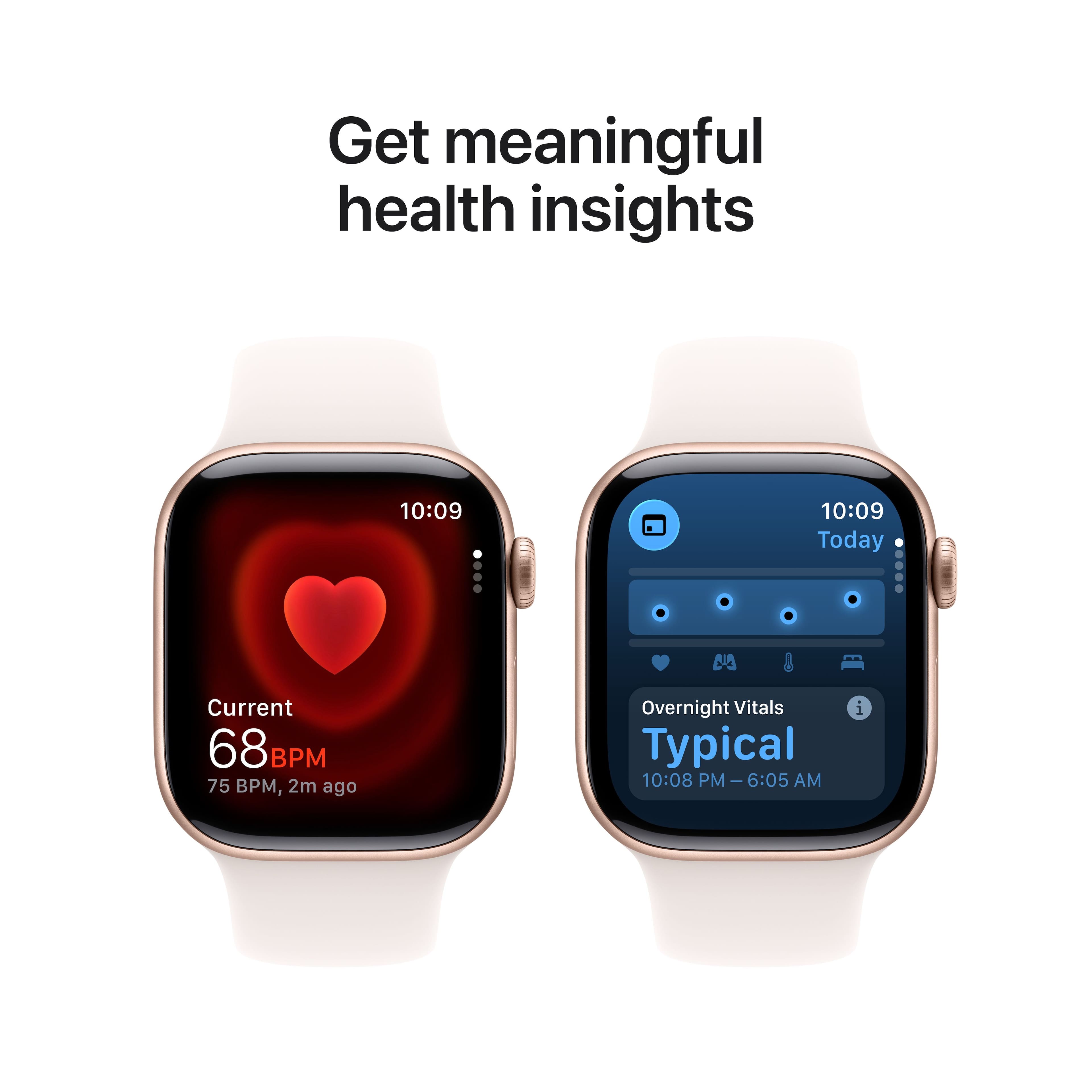 Get meaningful health insights
Current
68 BPM
75 BPM, 2m ago
Overnight Vitals
Typical
10:08 PM - 6:05 AM