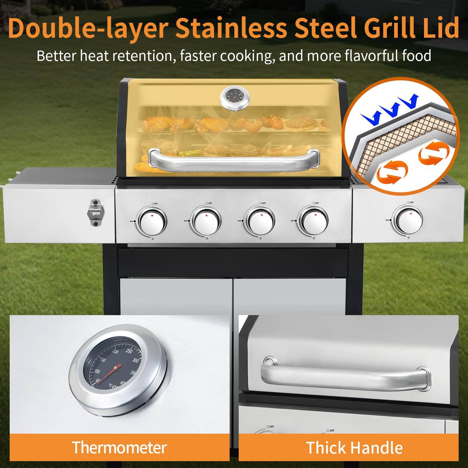 Double-layer Stainless Steel Grill Lid  
Better heat retention, faster cooking, and more flavorful food  

Thermometer  

Thick Handle