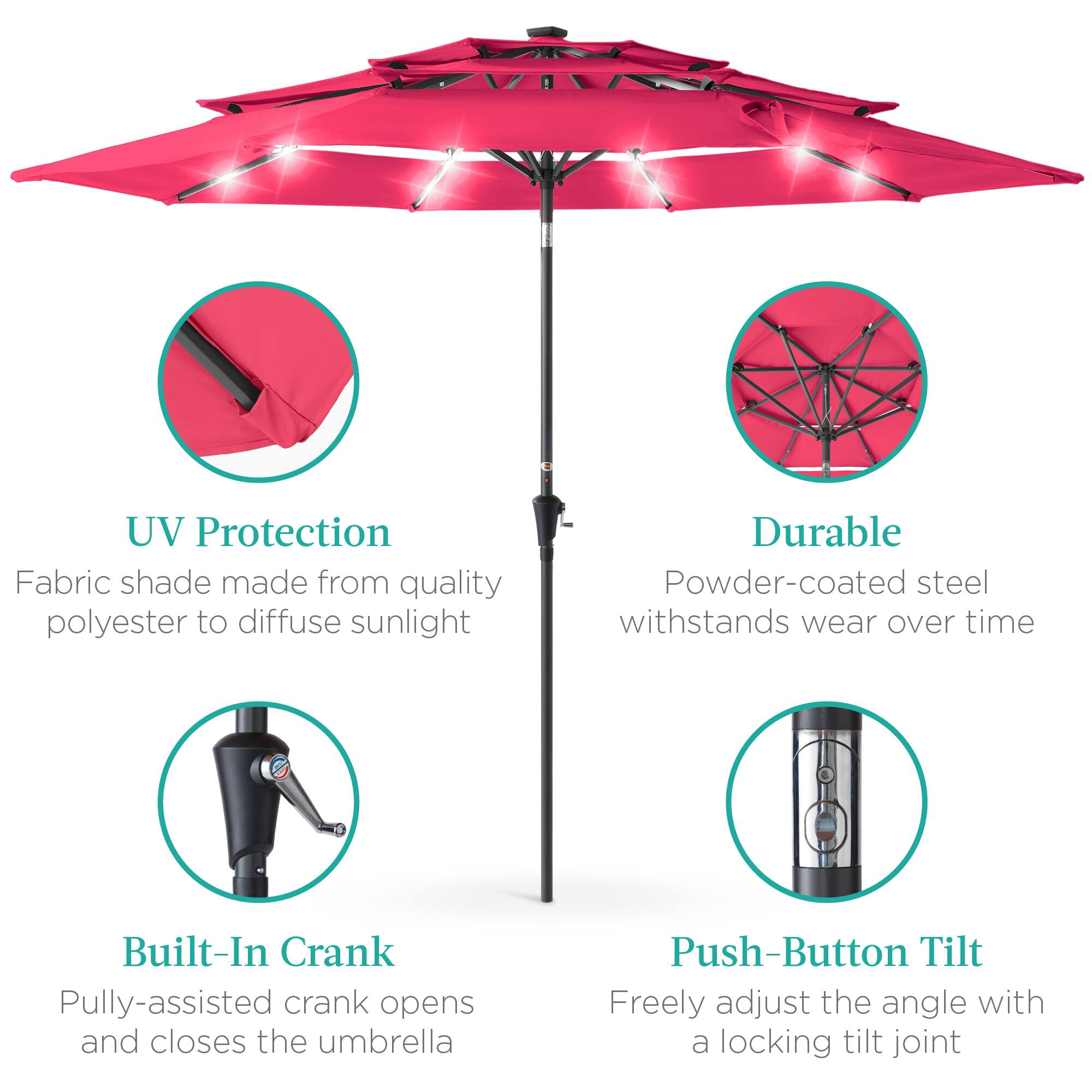 UV Protection  
Fabric shade made from quality polyester to diffuse sunlight  

Durable  
Powder-coated steel withstands wear over time  

Built-In Crank  
Pully-assisted crank opens and closes the umbrella  

Push-Button Tilt  
Freely adjust the angle with a locking tilt joint