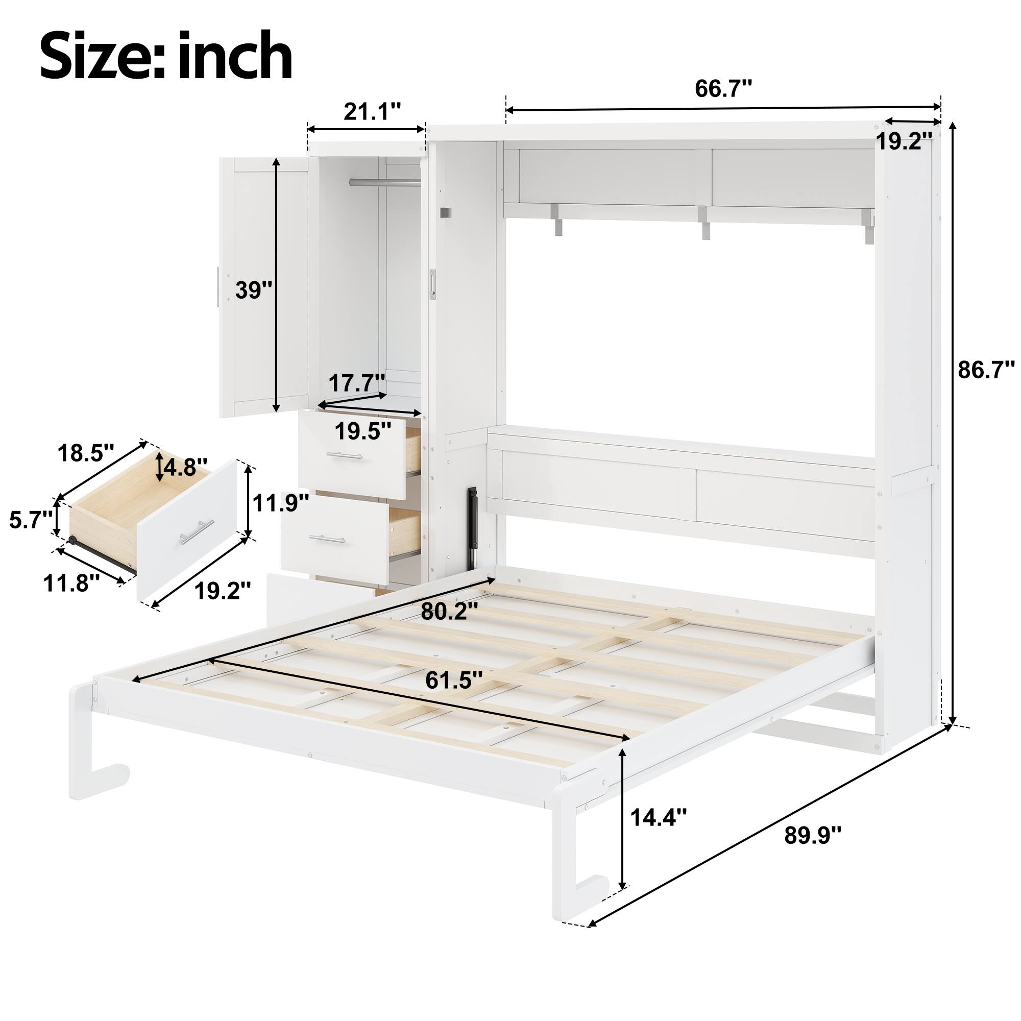 Size: inch  
21.1" 66.7" 19.2" 39" 17.7" 86.7" 18.5" 5.7" 14.8" 19.5" 11.9" 11.8" 19.2" 80.2" 61.5" 14.4" 89.9"
