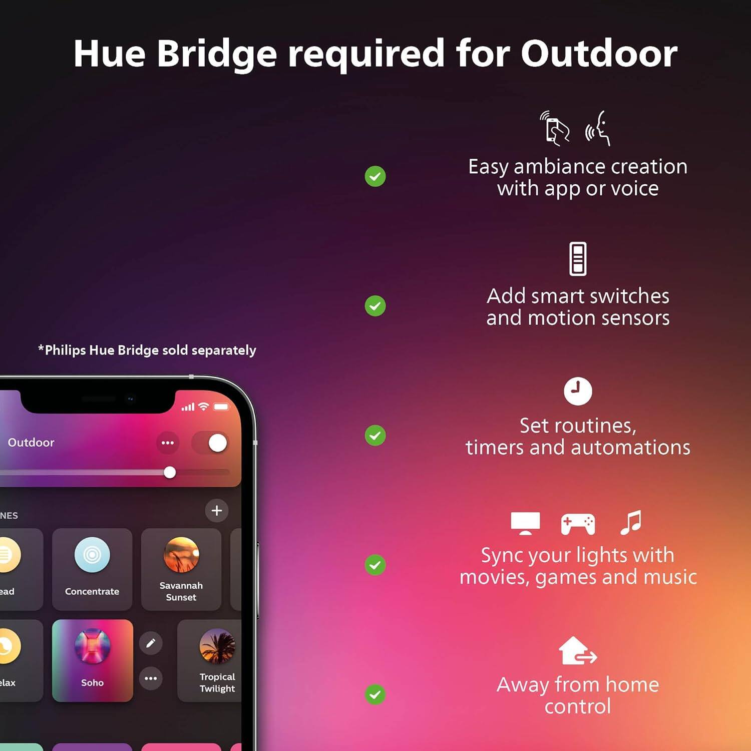 Hue Bridge required for Outdoor

Easy ambiance creation with app or voice

Add smart switches and motion sensors

Set routines, timers and automations

Sync your lights with movies, games and music

Away from home control

*Philips Hue Bridge sold separately