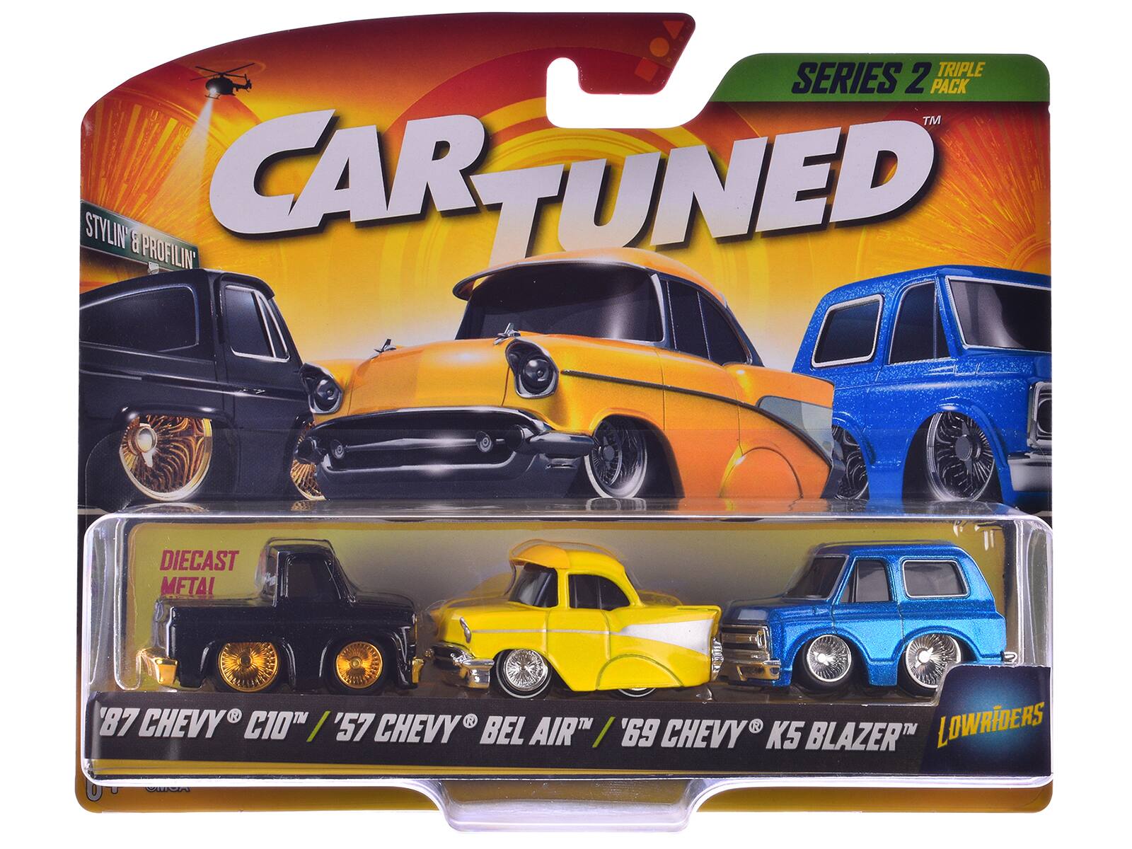 TRIPLE SERIES 2 PACK TM STYLIN' & PROFILIN' DIECAST METAL '87 CHEVY C10 / '57 CHEVY BEL AIR / '69 CHEVY K5 BLAZER LOWRIDERS