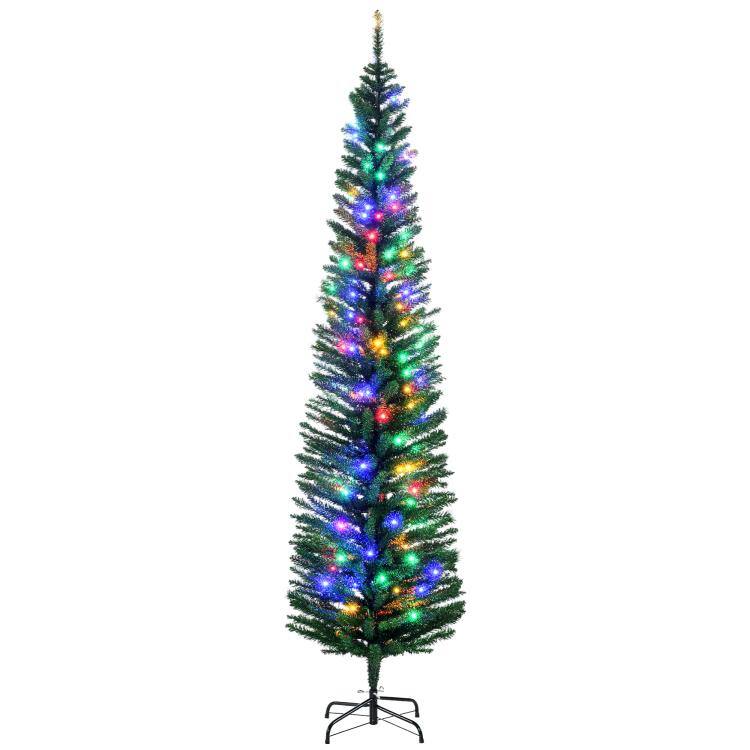 PULUZ - 7' Artificial Pencil Christmas Trees Holiday Decoration with Colorful LED Lights, Steel Base, Skinny Shape - Green
