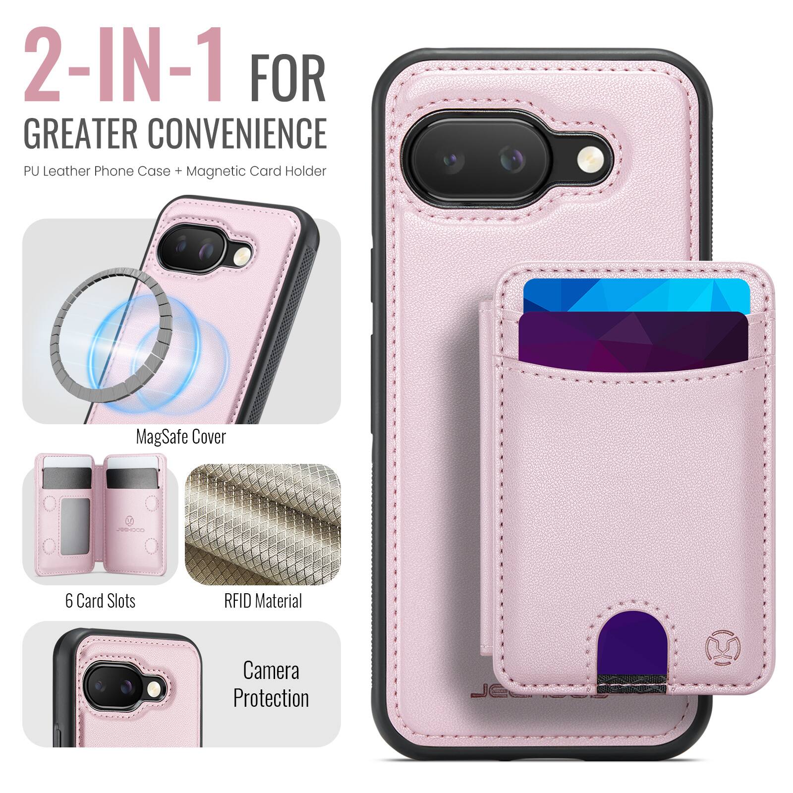 2-IN-1 FOR GREATER CONVENIENCE  
PU Leather Phone Case + Magnetic Card Holder  
MagSafe Cover  
6 Card Slots  
RFID Material  
Camera Protection