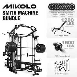 Mikolo - Smith Machine Power Cage, Multi-Function Home Gym System with Cable Crossover, 121LB Weight Stack - Black