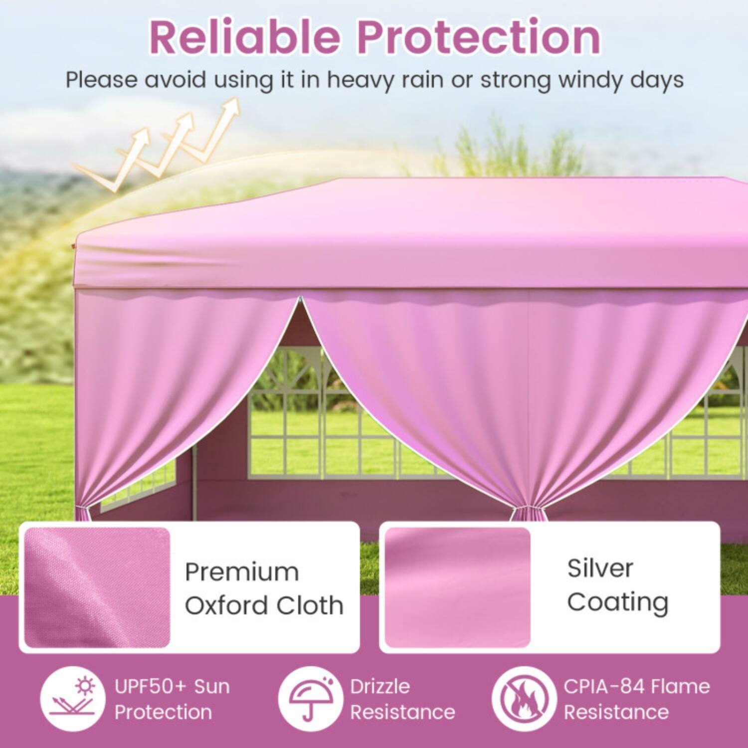 Reliable Protection  
Please avoid using it in heavy rain or strong windy days  

- Premium Oxford Cloth  
- Silver Coating  
- UPF50+ Sun Protection  
- Drizzle Resistance  
- CPIA-84 Flame Resistance