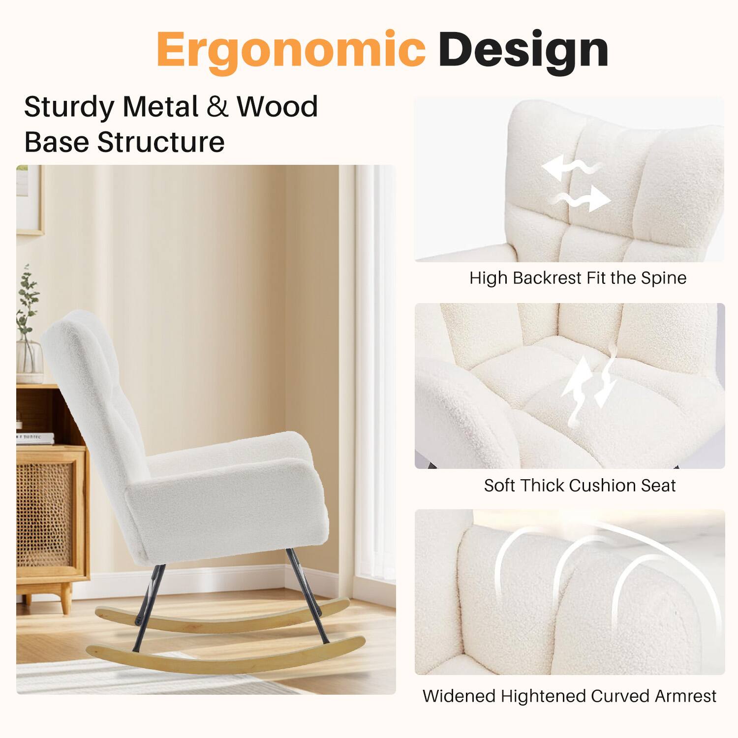 Ergonomic Design: Sturdy Metal & Wood Base Structure, High Backrest Fit the Spine, Soft Thick Cushion Seat, Widened Heightened Curved Armrest.