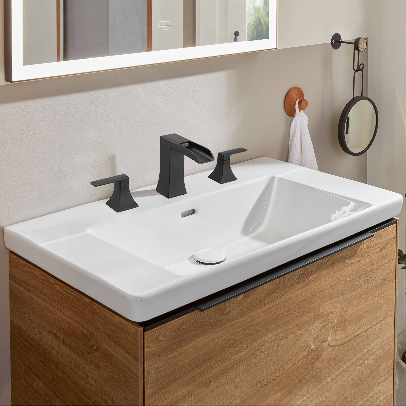 Alt View 2. Boyel Living - Modern 8 Inch Widespread Double Handle Brass Bathroom Faucet with Pop Up Drain and Water Supply Hoses in Matte Black - Matte Black.