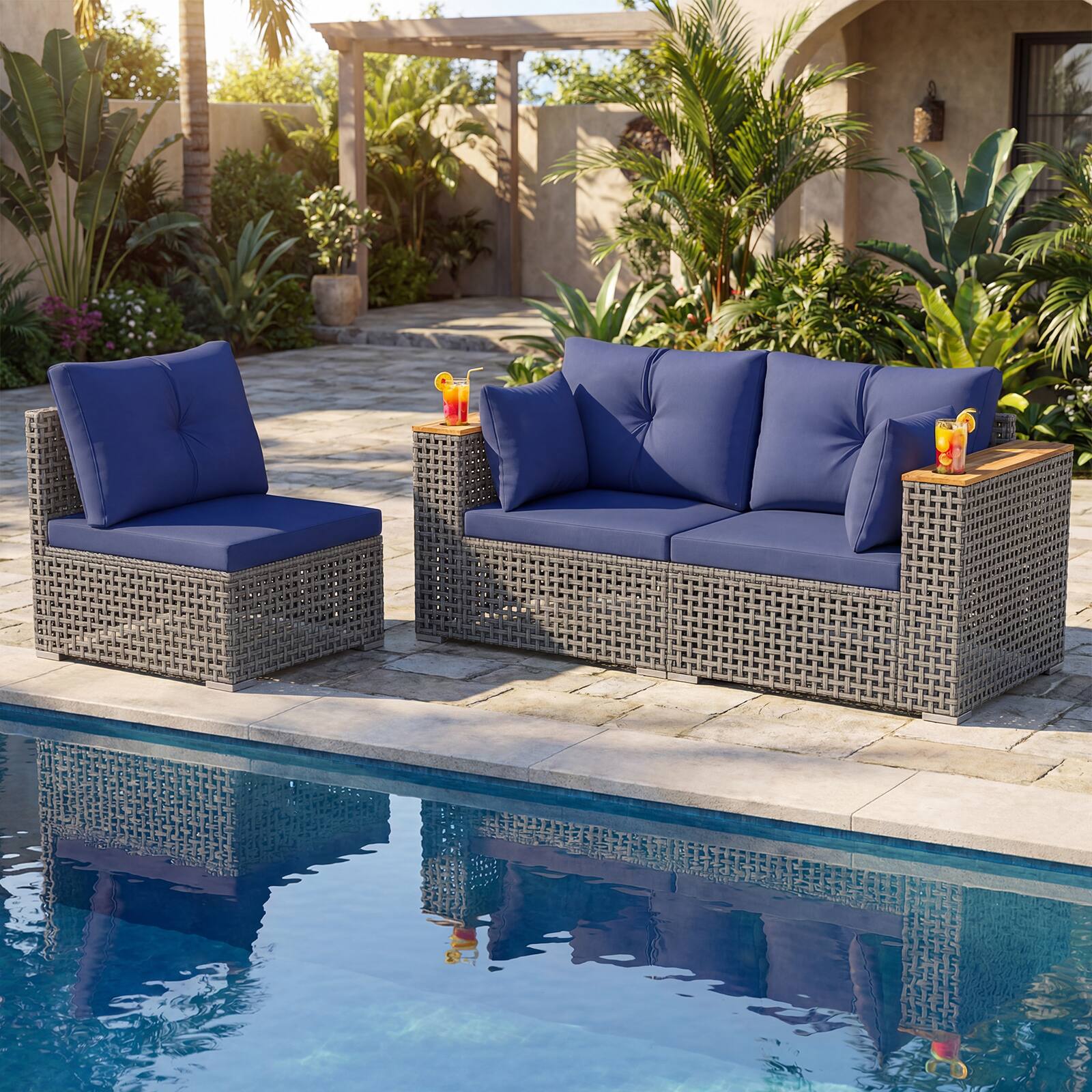 Alt View 2. Costway - Costway Patio Wicker Sectional Furniture Set, 3 Piece Outdoor Couch Set for Garden - Navy.