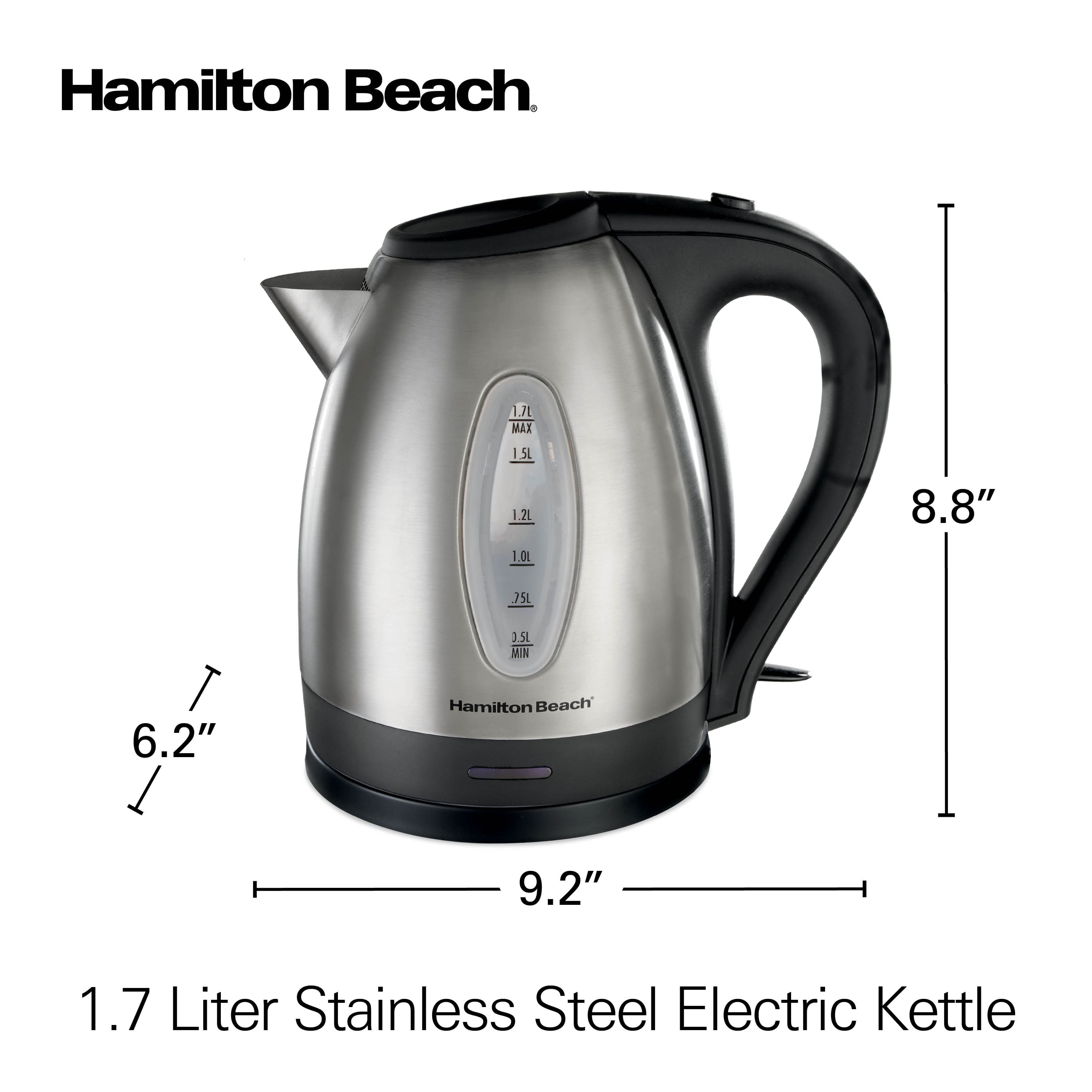 Hamilton Beach 1.7 Liter Stainless Steel Electric Kettle
- 1.7L MAX
- 1.5L
- 1.2L
- 1.0L
- 0.75L
- 0.5L MIN
Dimensions:
- Height: 8.8"
- Width: 9.2"
- Depth: 6.2"