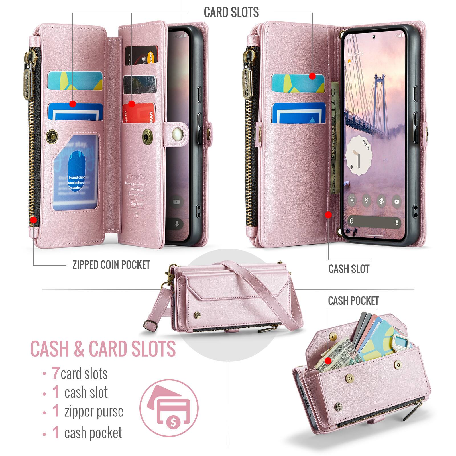 CARD SLOTS

ZIPPED COIN POCKET

CASH SLOT

CASH POCKET

CASH & CARD SLOTS
- 7 card slots
- 1 cash slot
- 1 zipper purse
- 1 cash pocket