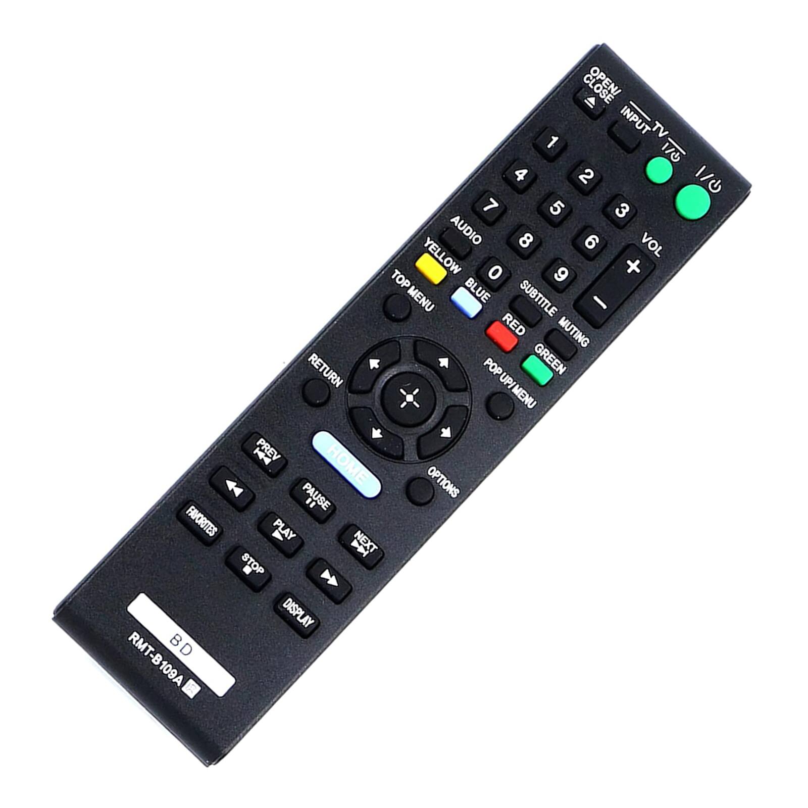 OPEN/CLOSE  
INPUT TV 1 2 3 4 5 6 7 8 9 0  
AUDIO  
VOL + -  
YELLOW  
TOP MENU  
BLUE  
SUBTITLE  
RED  
MUTING  
RETURN  
POP UP MENU  
GREEN  
UP  
OPTIONS  
HOME  
PAUSE  
FAVORITES  
PLAY  
NEXT  
STOP  
DISPLAY  
RMT-B109A