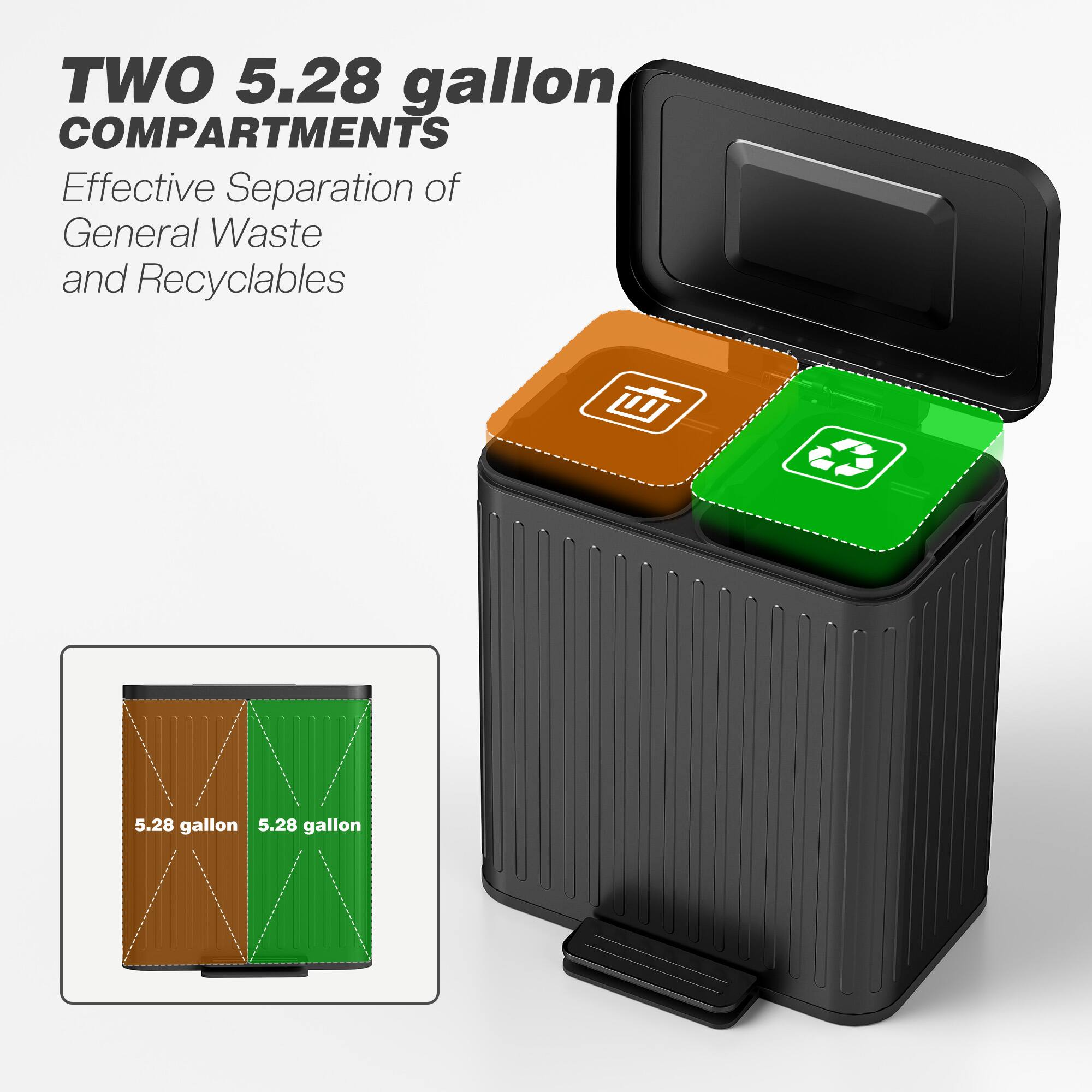 TWO 5.28 gallon COMPARTMENTS  
Effective Separation of General Waste and Recyclables  
5.28 gallon  
5.28 gallon