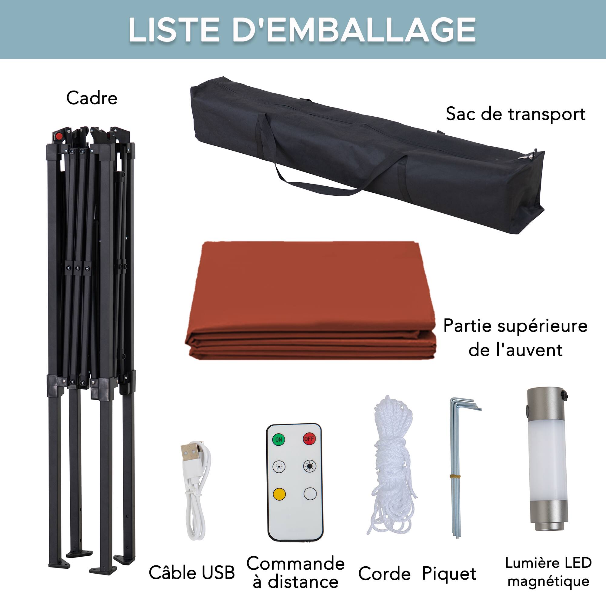 LISTE D'EMBALLAGE

- Cadre
- Sac de transport
- Partie supérieure de l'auvent
- Câble USB
- Commande à distance
- Corde
- Piquet
- Lumière LED
- distance magnétique