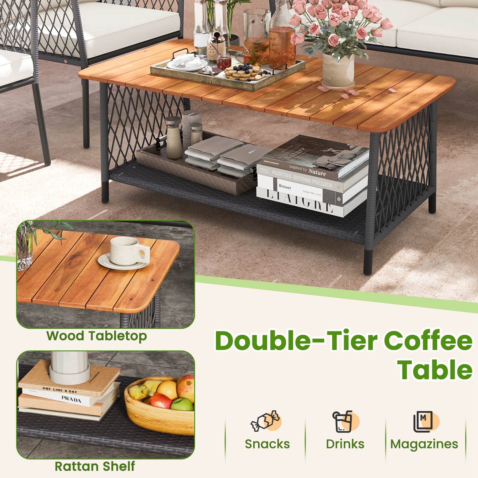 The text on the image reads: "Rattan Shelf Snacks Drinks Magazines Double-Tier Coffee Table."