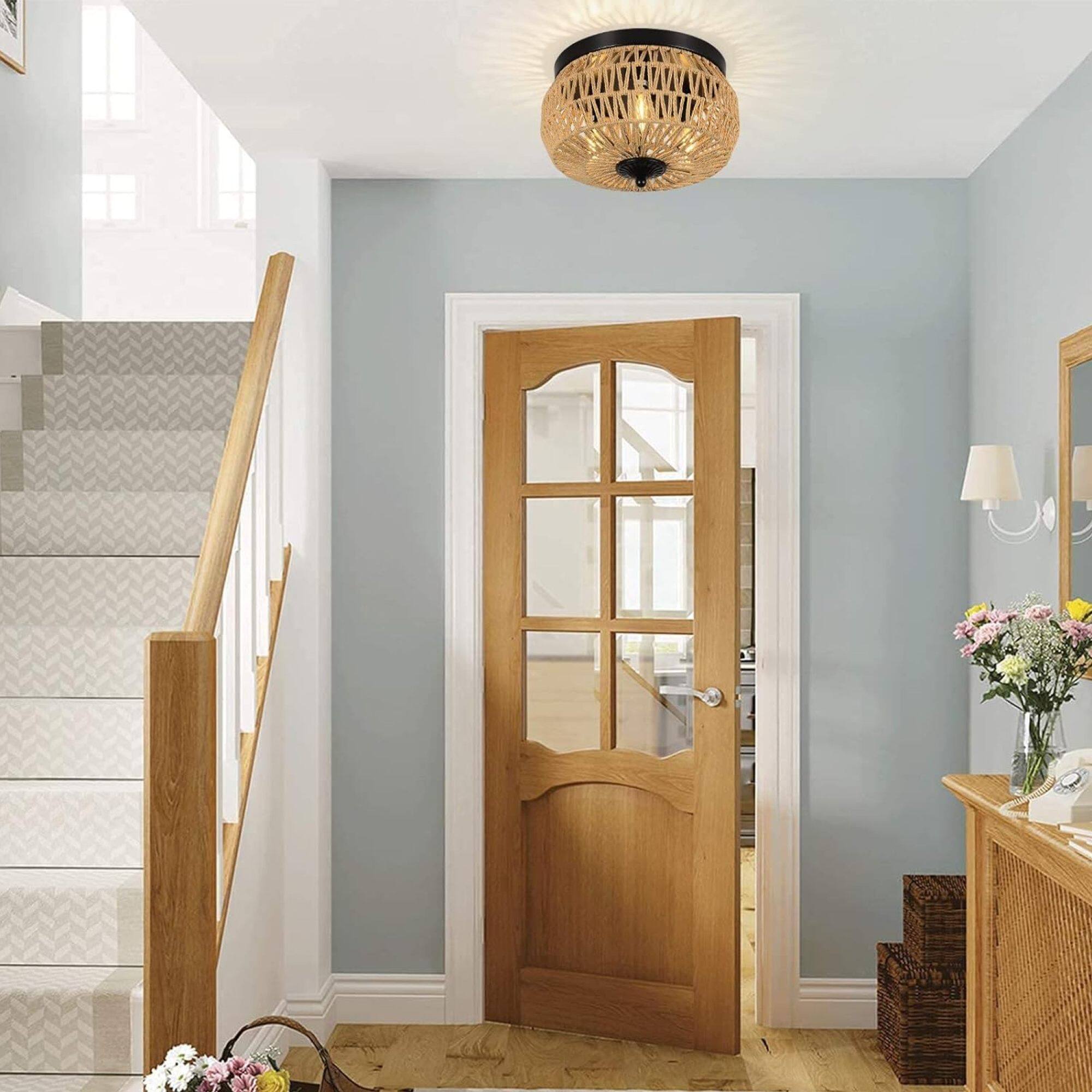 Alt View 5. ELEMENT ACE - Hand-Woven Rattan Flush Mount Ceiling Light Fixture with Three Lights for Indoor and Outdoor Use - Brown.