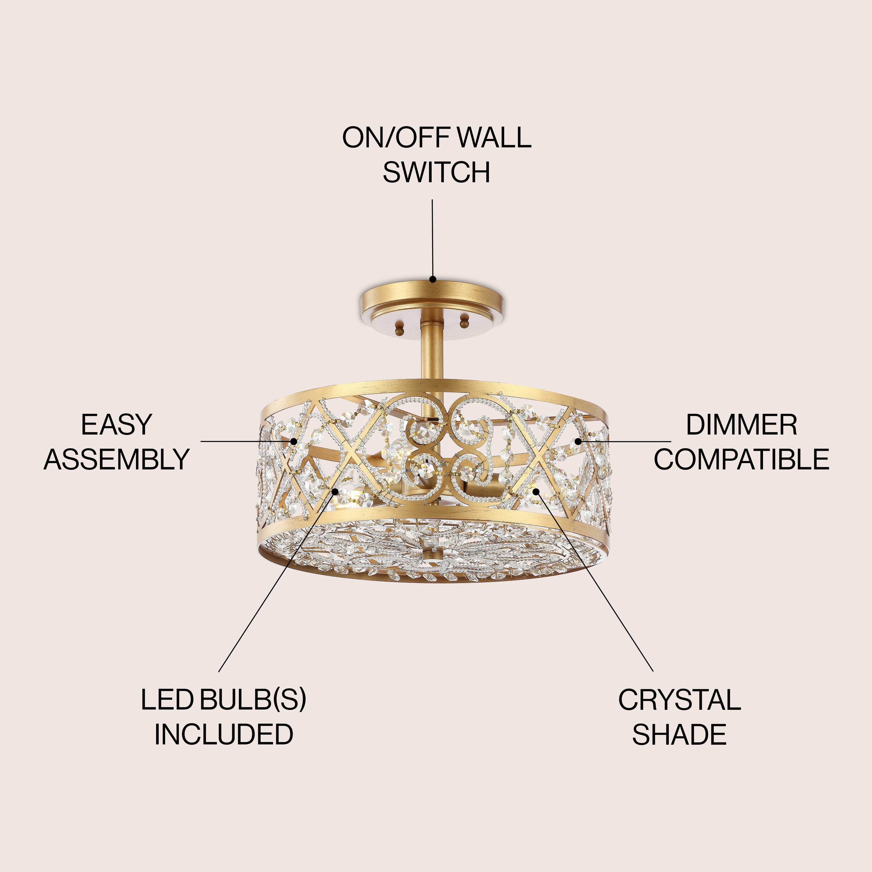 ON/OFF WALL SWITCH  
EASY ASSEMBLY  
DIMMER COMPATIBLE  
LED BULB(S) INCLUDED  
CRYSTAL SHADE