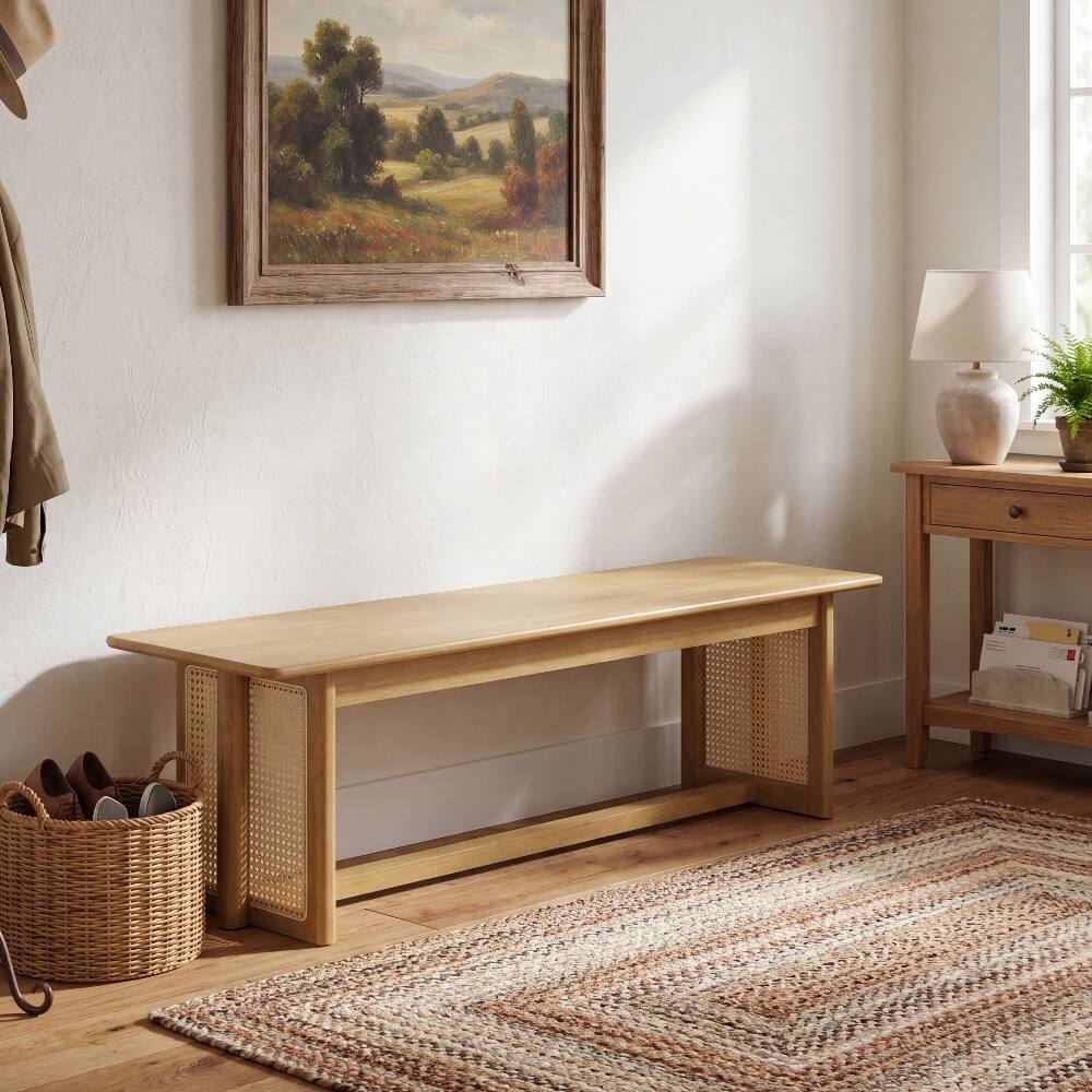 Angle. Ropilly - Ropilly Rubber Wood Dining Bench Rattan Weave Boho Entryway Bench Natural Wood Indoor Seating - Natural.