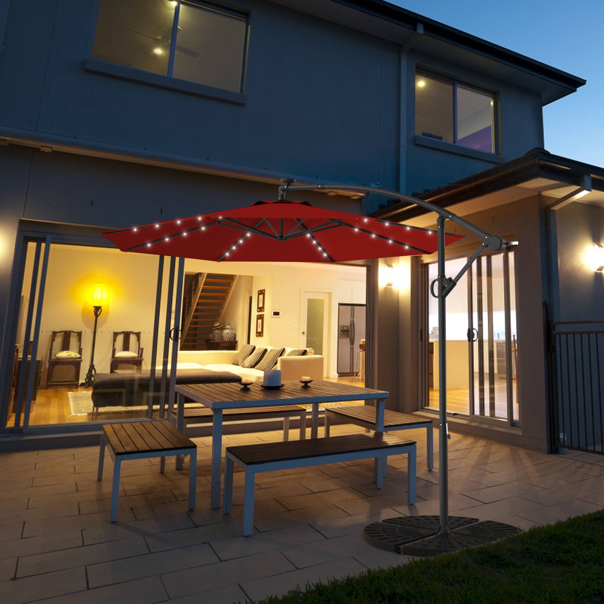 Alt View 3. Gymax - Gymax 10Ft Offset Hanging Umbrella Patio Outdoor w/ 32 Solar LED Lights Burgundy - Burgundy.