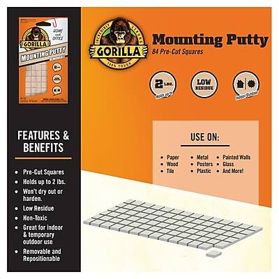 **Gorilla Mounting Putty**

**84 Pre-Cut Squares**

**2 LBS**

**LOW RESIDUE**

**FEATURES & BENEFITS**

- Pre-Cut Squares
- Holds up to 2 lbs.
- Won't dry out or harden
- Low Residue
- Non-Toxic
- Great for indoor & temporary outdoor use
- Removable and Repositionable

**USE ON:**

- Paper
- Wood
- Tile
- Metal
- Painted Walls
- Posters
- Glass
- Plastic
- And More!