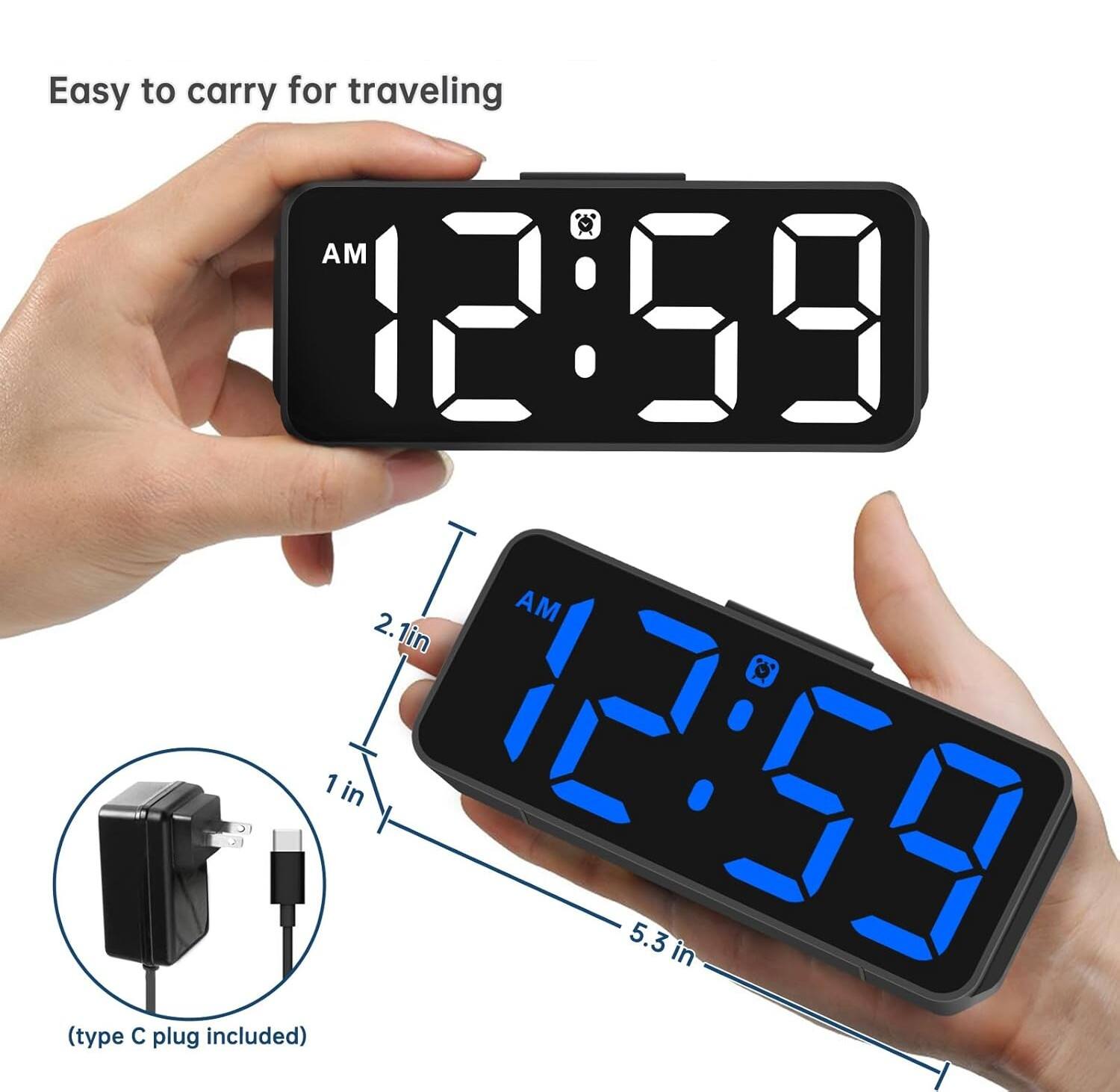 Easy to carry for traveling  
AM 12:59  
2.1 in  
1 in  
5.3 in (type C plug included)