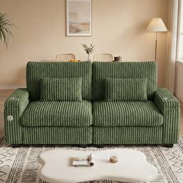 Dyonery - 91" Modern Loveseat Sofa, Corduroy 2 Seater Sofa with Storage Armrests,Side Pockets, USB Charging & Cup Holders - Green