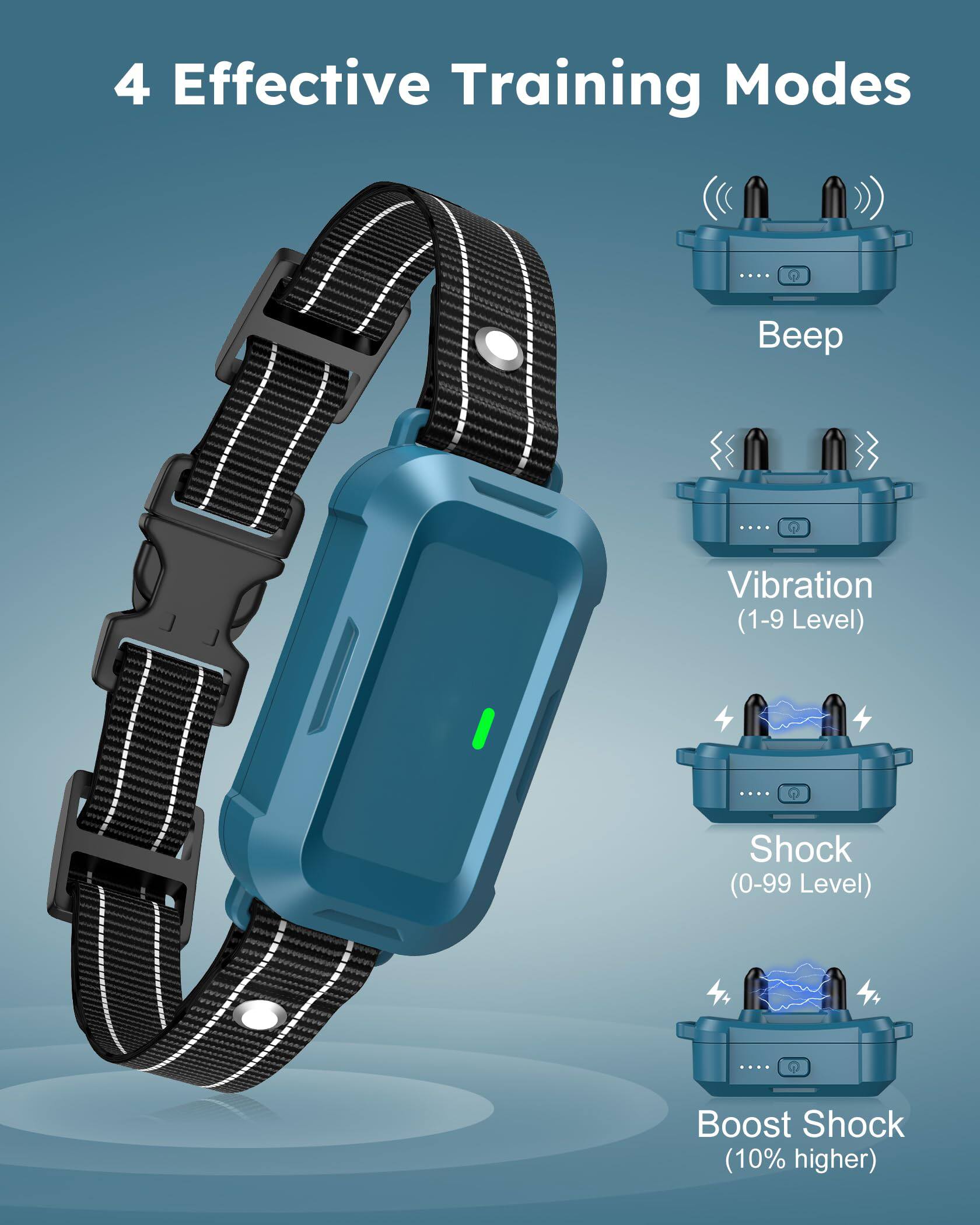 4 Effective Training Modes

- Beep
- Vibration (1-9 Level)
- Shock (0-99 Level)
- Boost Shock (10% higher)