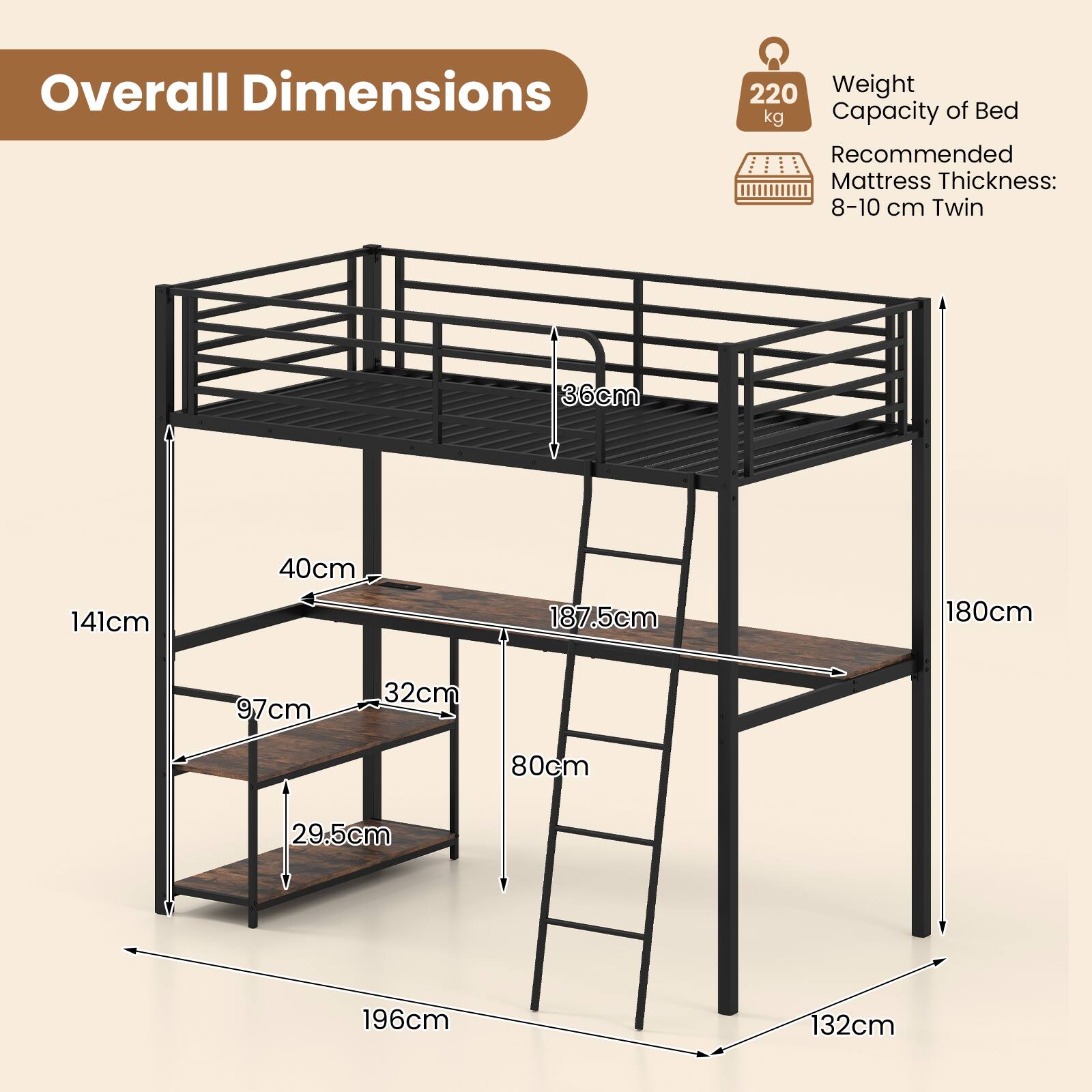 Overall Dimensions  
Weight Capacity of Bed: 220 kg  
Recommended Mattress Thickness: 8-10 cm Twin  

- 180 cm (width)  
- 196 cm (depth)  
- 187.5 cm (height)  
- 141 cm (bed height)  
- 36 cm (bed height from floor)  
- 40 cm (desk height)  
- 97 cm (shelf height)  
- 32 cm (shelf depth)  
- 29.5 cm (shelf depth)  
- 80 cm (ladder width)  
- 132 cm (ladder width from floor)