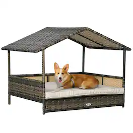 Pawhut - Wicker Dog House Outdoor, Canopy, Rattan Bed, Water-resistant Cushion, 66 lbs, 19.75", Brown Wicker, Cushion - Khaki