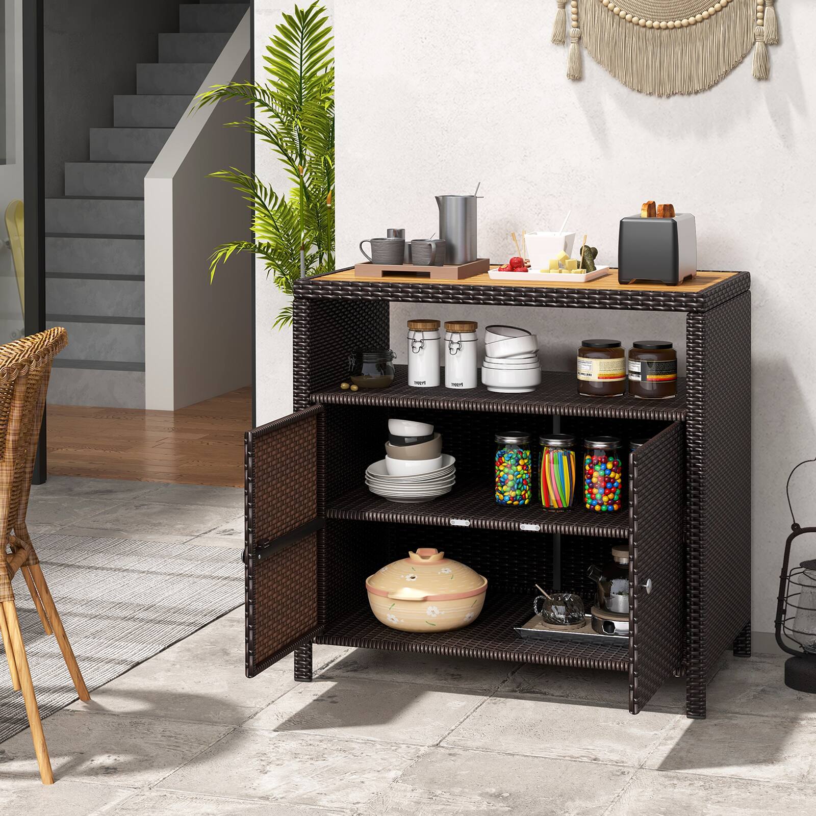 Alt View 1. Ecooso - Rattan Storage Sideboard Cabinet Organizer with Wood Countertop for Patio or Poolside Use - Brown.