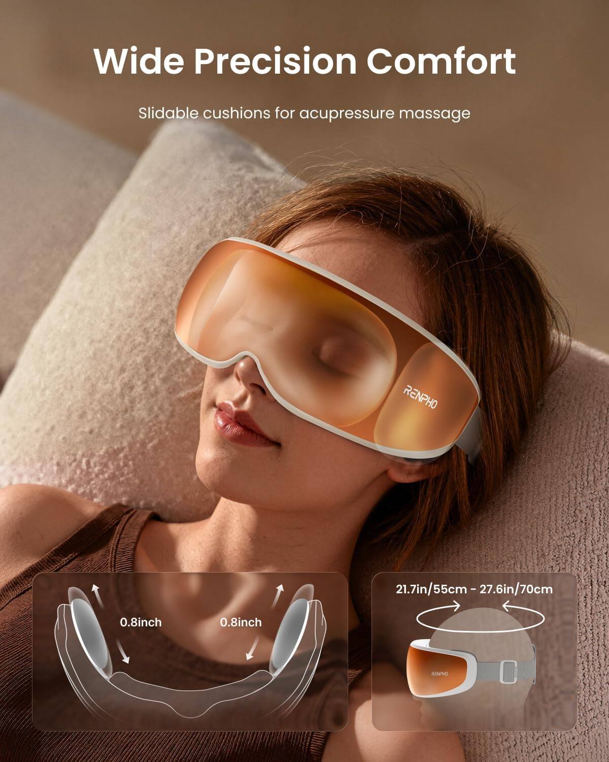 Wide Precision Comfort  
Slidable cushions for acupressure massage  

RENPHO  
21.7in/55cm - 27.6in/70cm  
0.8inch 0.8inch  

ROVYO