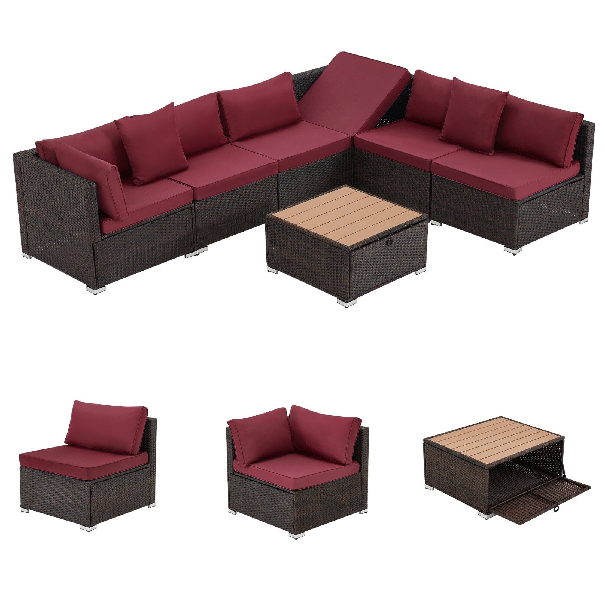 Alt View 4. U-HOMY - 7-Piece Modular Outdoor Rattan Sofa Set – All-Weather Wicker Patio Furniture with Storage Table, Cushions & Pillows - Wine Red.