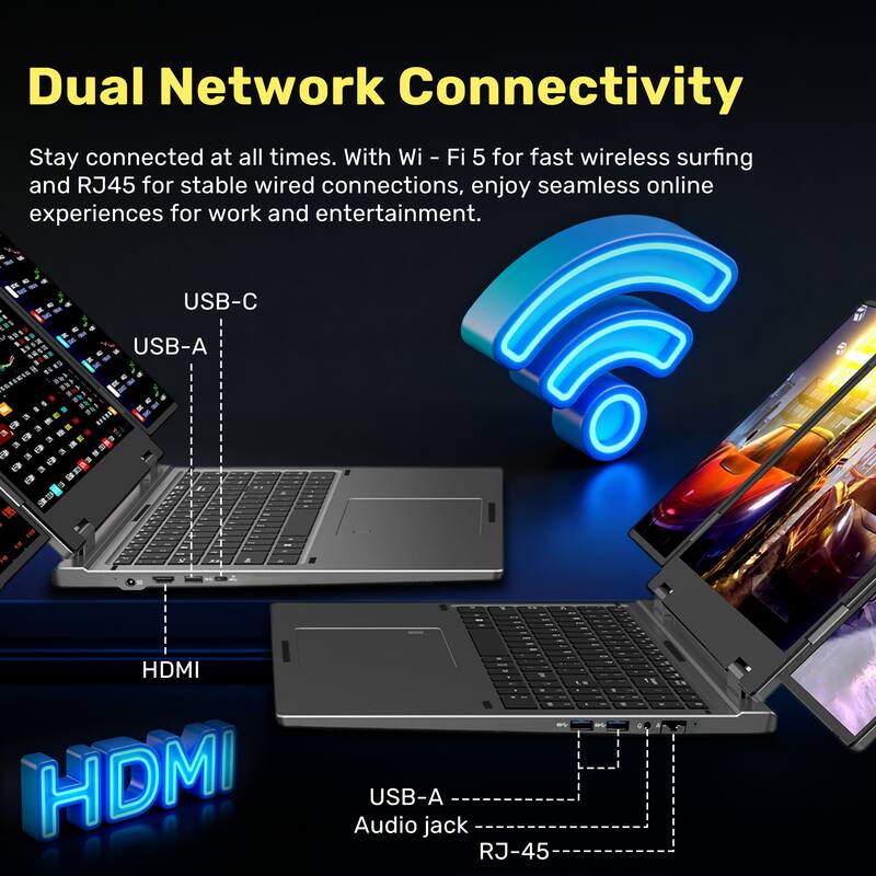 Dual Network Connectivity

Stay connected at all times. With Wi-Fi 5 for fast wireless surfing and RJ45 for stable wired connections, enjoy seamless online experiences for work and entertainment.

USB-C  
USB-A  
HDMI  
USB-A  
Audio jack  
RJ-45