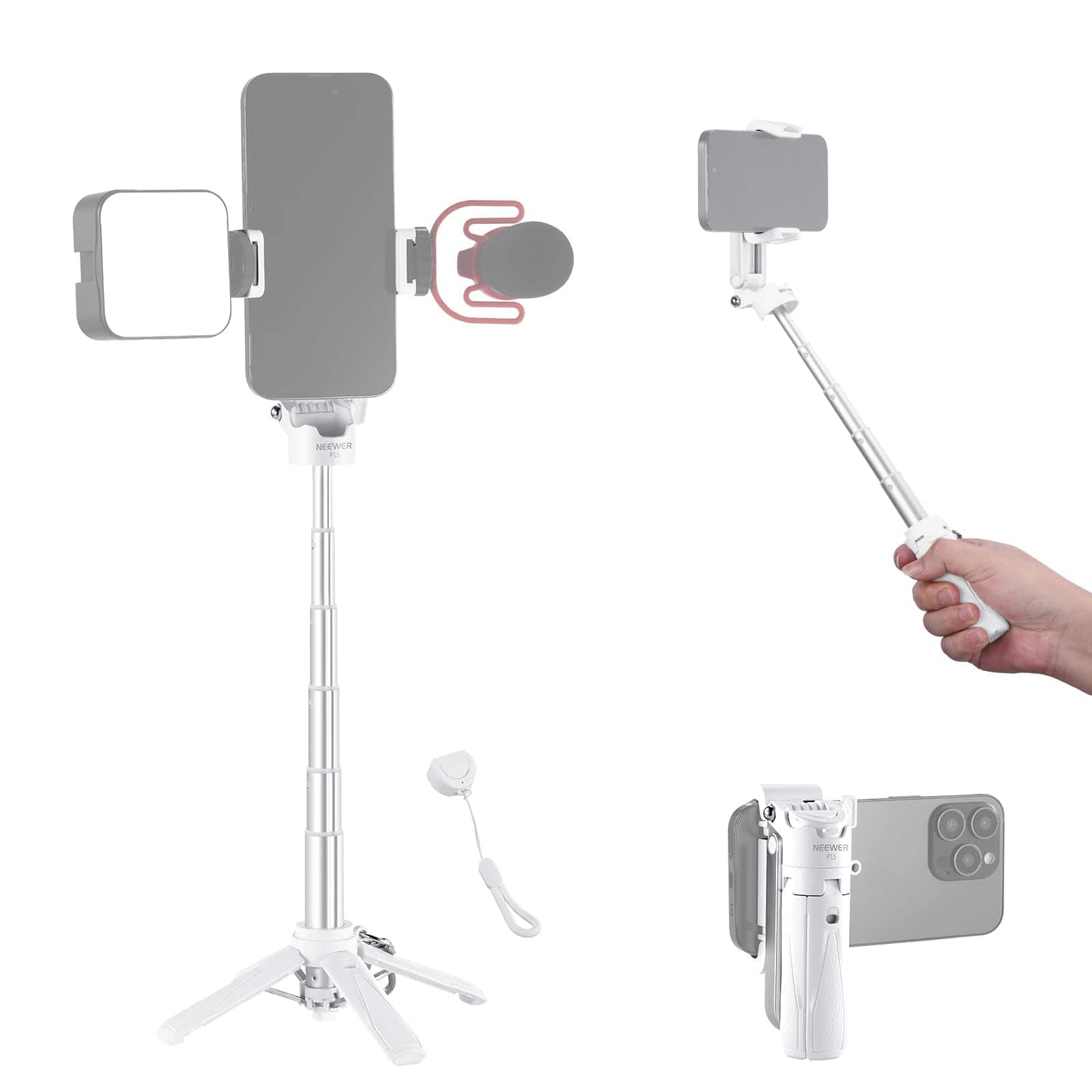 Neewer - White Selfie Stick with Detachable Bluetooth Remote & Tripod, Foldable for iPhone Vlogs & Live Streaming