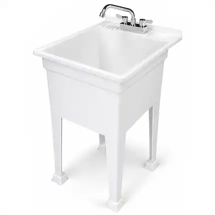 Front. UTILITYSINKS - UTILITYSINKS Plastic 18” Freestanding Utility Tub Sink with Swing Faucet, White - White.