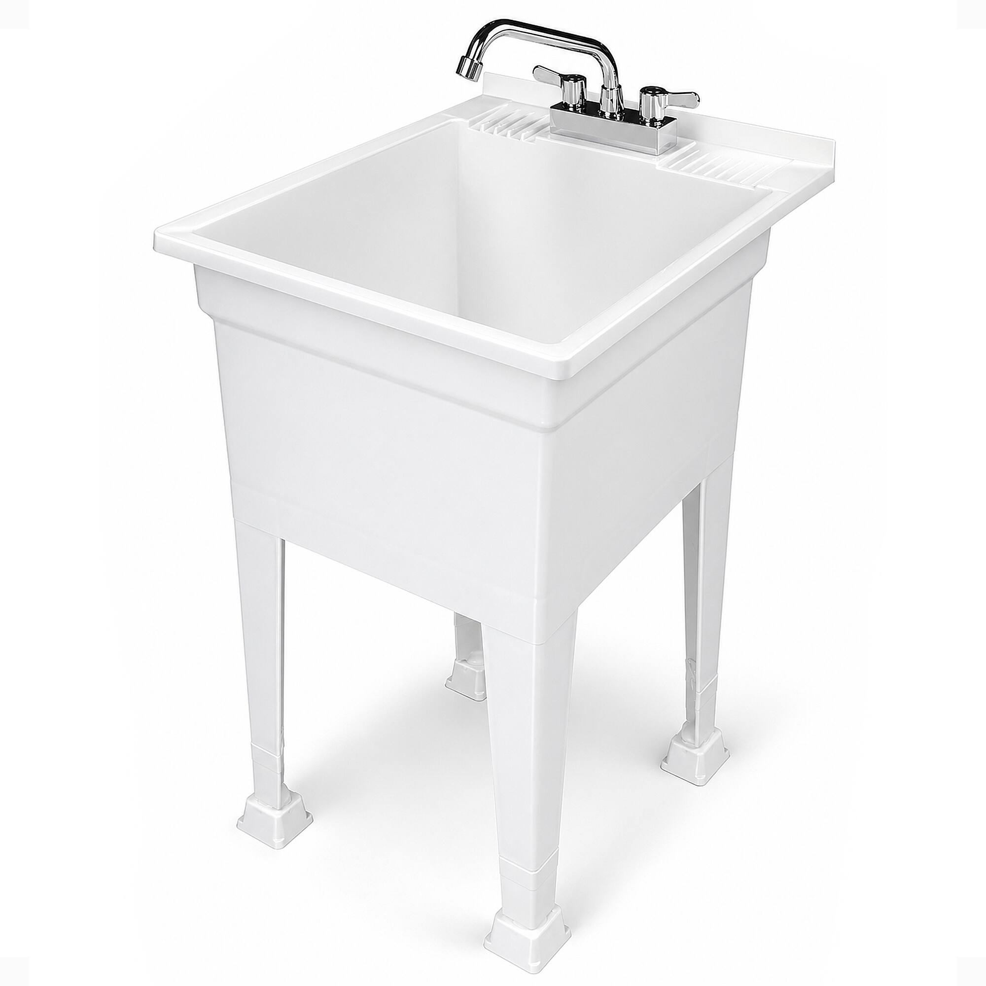 Front. UTILITYSINKS - UTILITYSINKS Plastic 18” Freestanding Utility Tub Sink with Swing Faucet, White - White.
