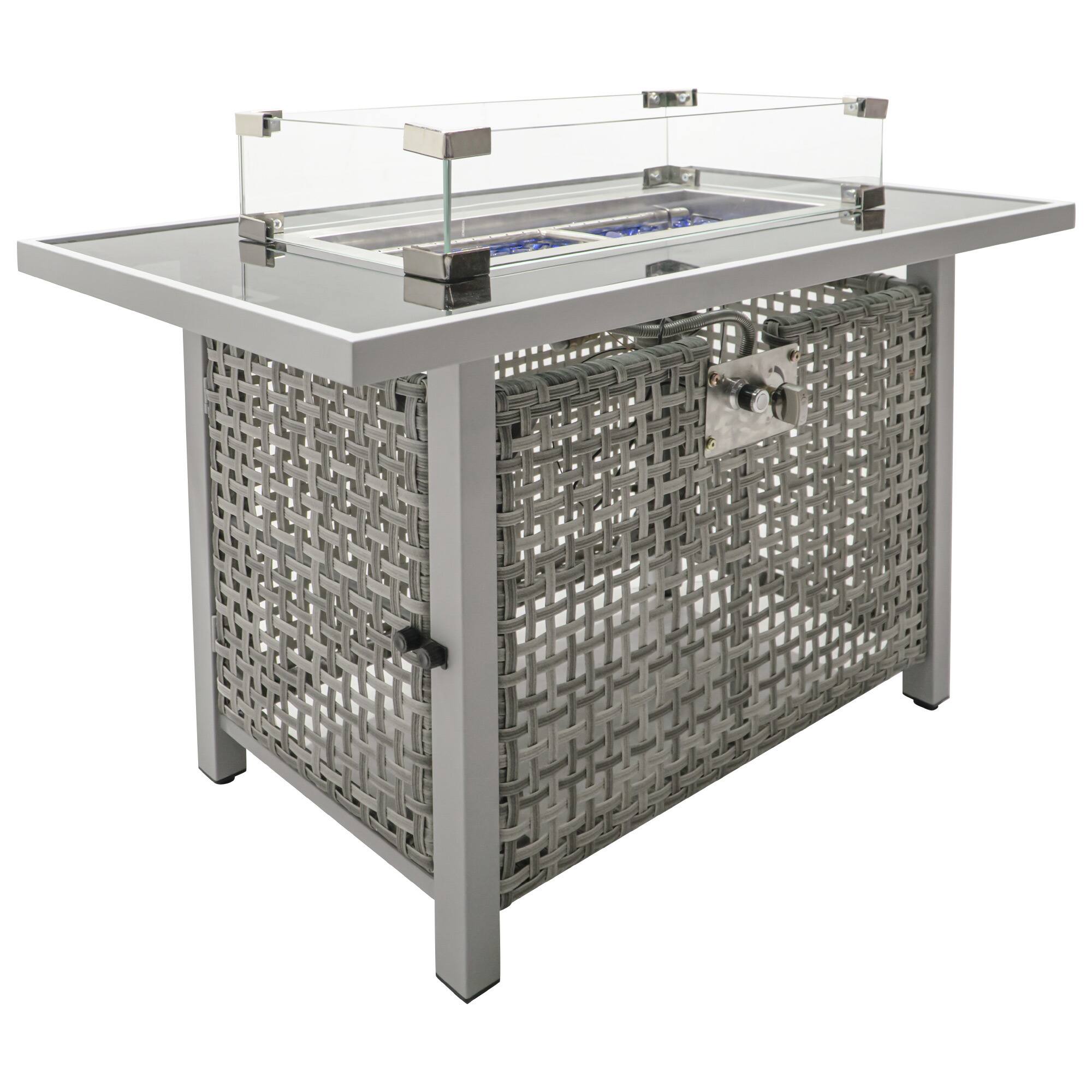Front. Spaco - 43" Propane Fire Pit Table, 60,000 BTU Rectangular Wicker Fire Pit with Glass Wind Guard - Grey.