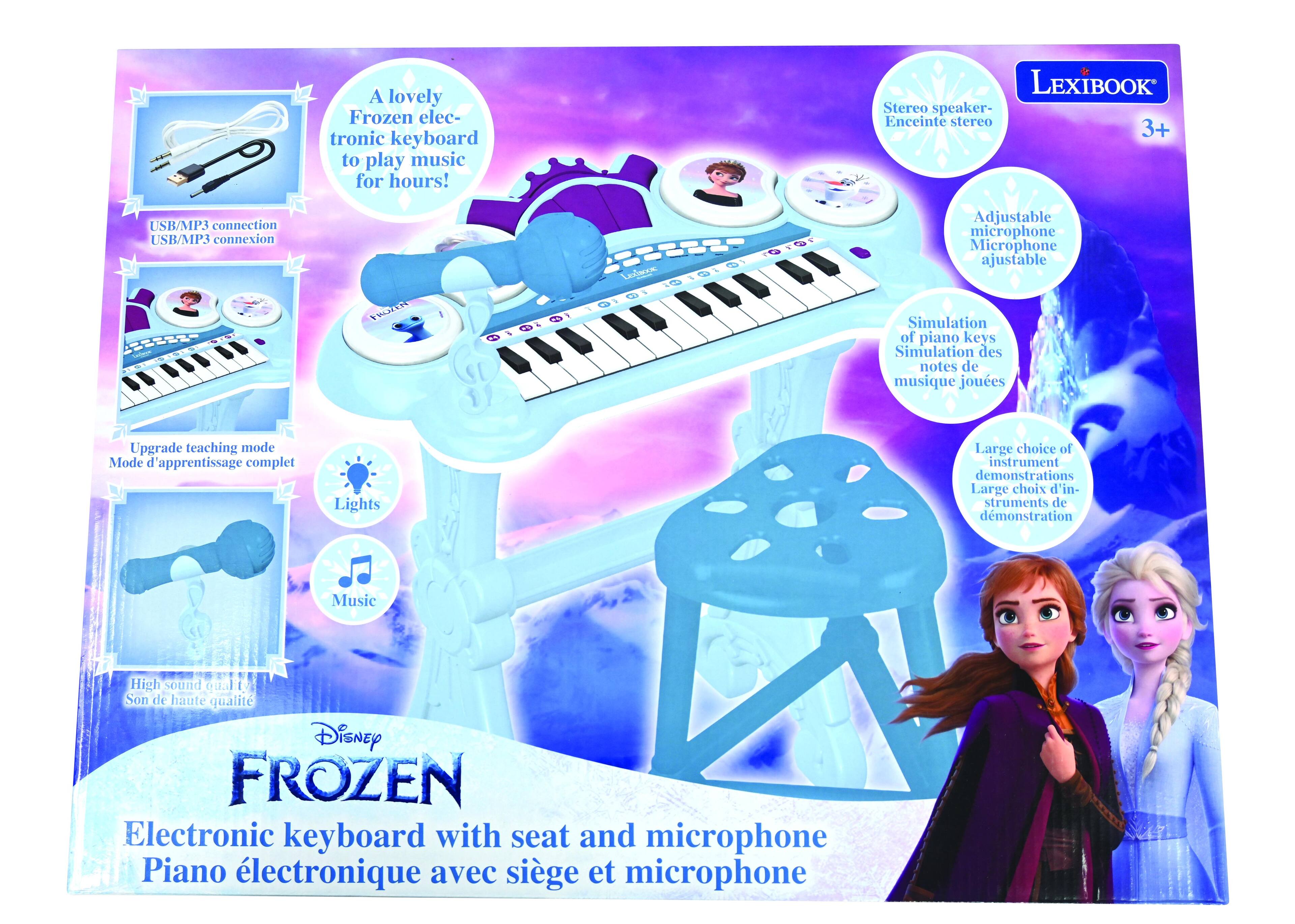 A lovely Frozen electronic keyboard to play music for hours!  
LEXIBOOK Stereo speaker - Enceinte stereo  
USB/MP3 connection - USB/MP3 connexion  
3+  
Adjustable microphone - Microphone ajustable  
Simulation of piano keys - Simulation des notes de musique jouées  
Upgrade teaching mode - Mode d'apprentissage complet  
Lights - Lumières  
Large choice of instrument demonstrations - Large choix d'instruments de démonstration  
Music - Musique  
High sound quality - Son de haute qualité  
Disney FROZEN Electronic keyboard with seat and microphone - Piano électronique avec siège et microphone