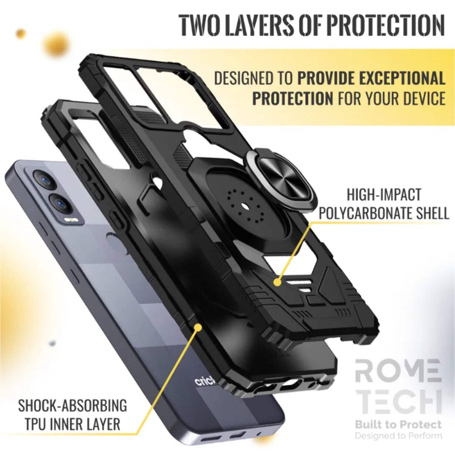 TWO LAYERS OF PROTECTION  
DESIGNED TO PROVIDE EXCEPTIONAL PROTECTION FOR YOUR DEVICE  

HIGH-IMPACT POLYCARBONATE SHELL  
SHOCK-ABSORBING TPU INNER LAYER  

ROME TECH  
Built to Protect  
Designed to Perform