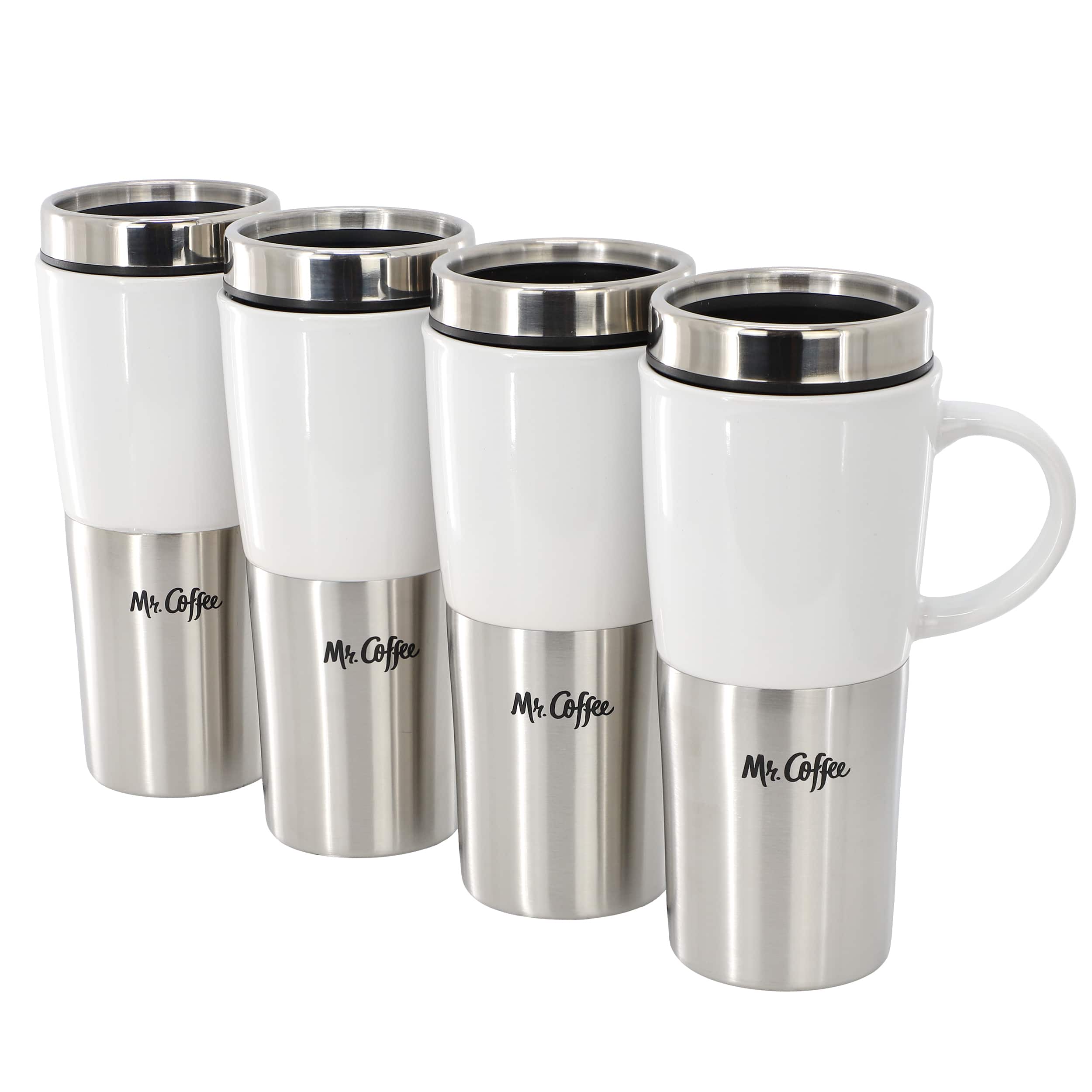 Mr. Coffee - Travertine 4 Piece 16 Ounce Stoneware and Stainless Steel Travel Mug With Lid - White