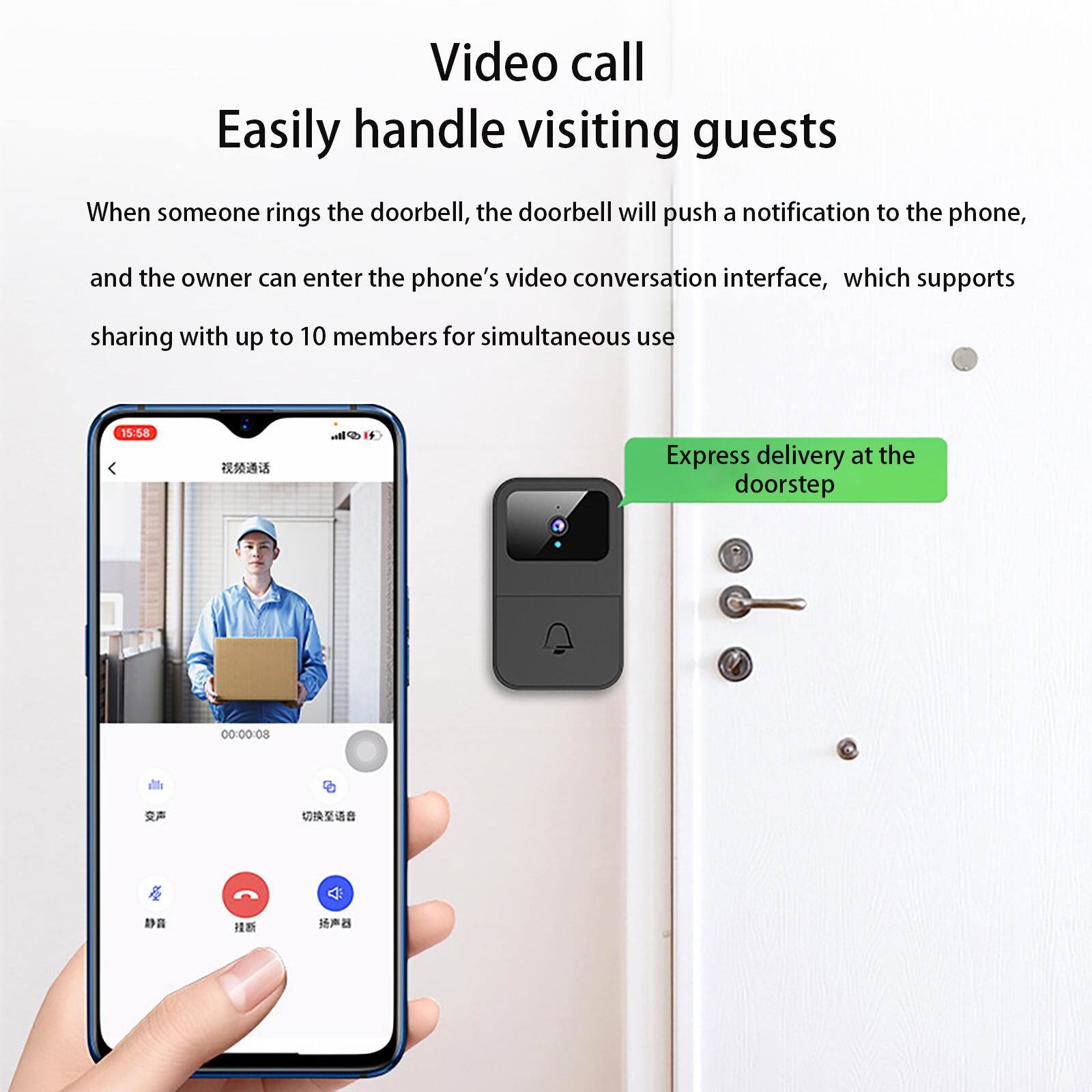 Video call  
Easily handle visiting guests  

When someone rings the doorbell, the doorbell will push a notification to the phone, and the owner can enter the phone’s video conversation interface, which supports sharing with up to 10 members for simultaneous use  

Express delivery at the doorstep