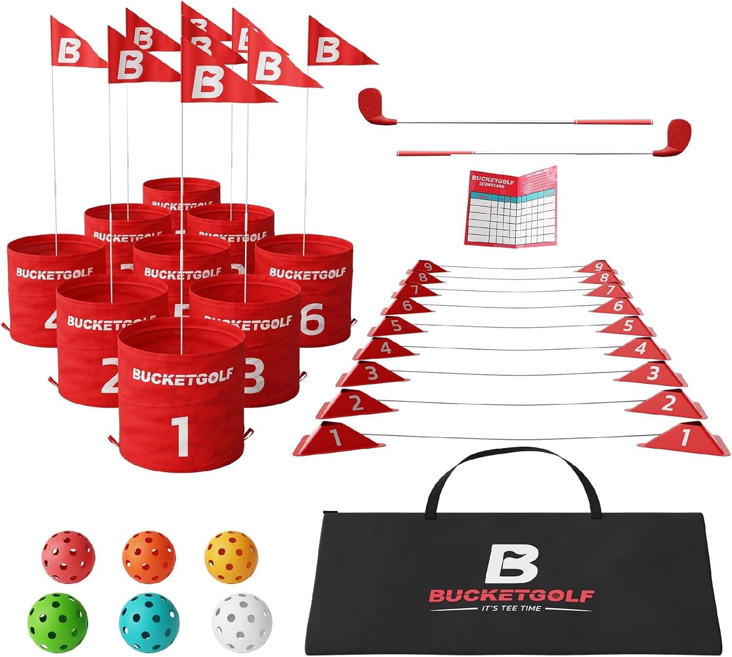 BUCKETGOLF - 9 Hole Bundle Set | Ultimate Backyard Golf Game with 1 Right + 1 Left-Handed Clubs | Portable with Custom Course Design - Red