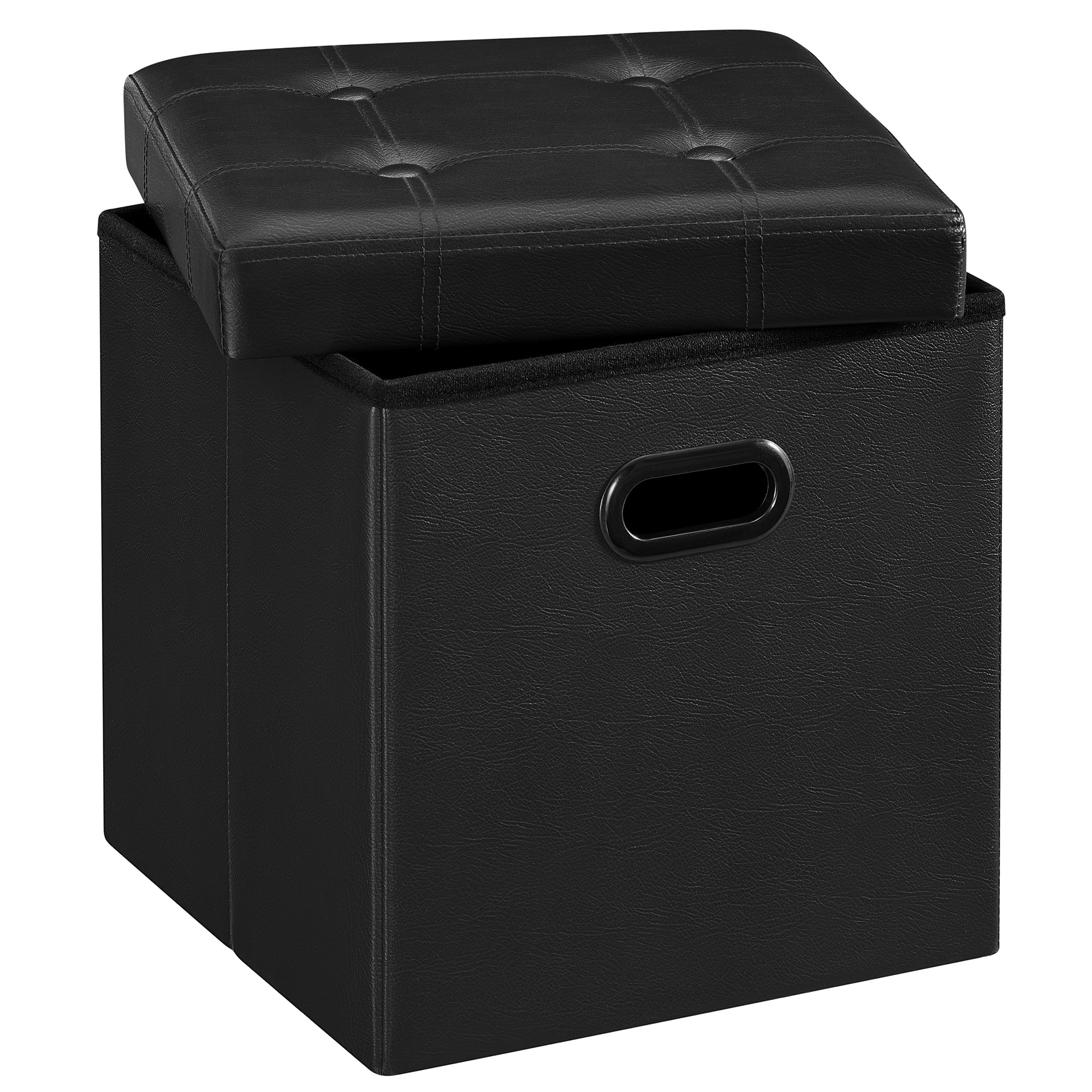 Songmics Home - 15 Inches Ottoman with Storage, Footstool, Grommet Handles, Synthetic Leather, for Dorm Room, Living Room - Black