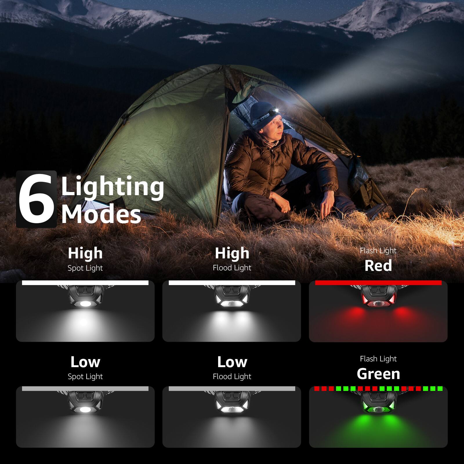 6 Lighting Modes: High Spot Light, High Flood Light, Flash Light, Red, Low Spot Light, Low Flood Light, Flash Light, Green.