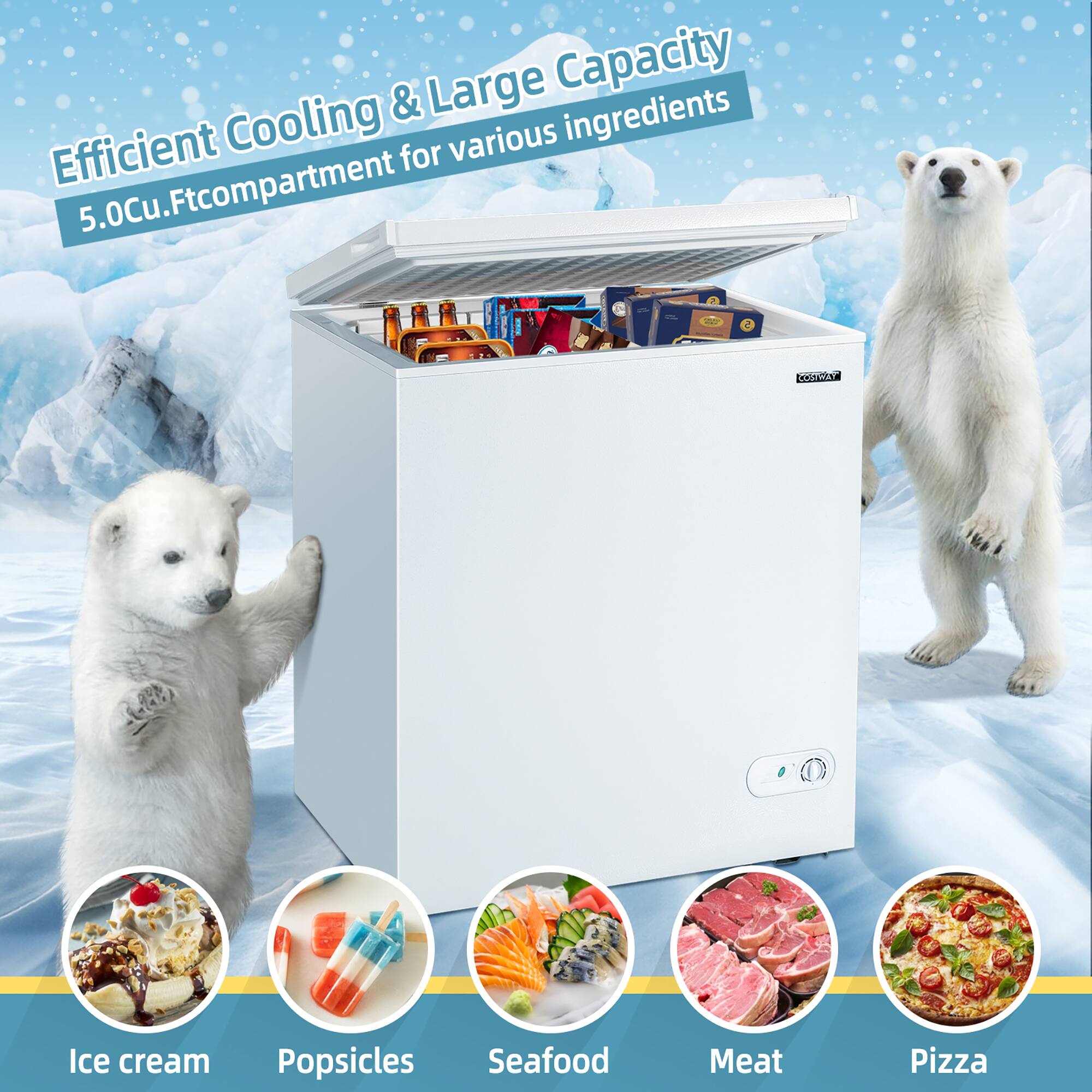 The text on the image is grouped and corrected as follows:

Efficient cooling & Large capacity cooling for various ingredients - 5.0 Cu. Ft. compartment - Coren Ice cream Popsicles Seafood Meat Pizza