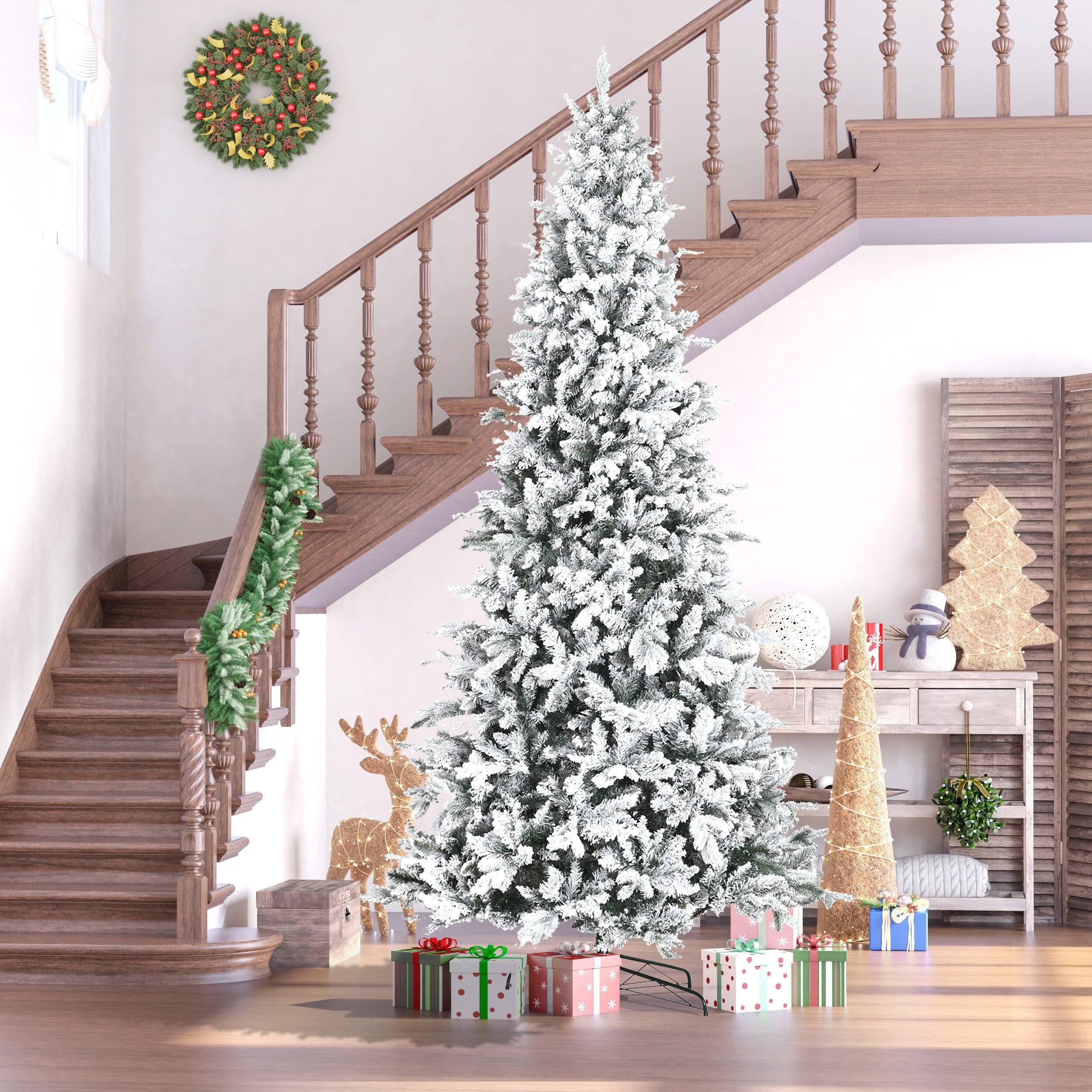 Angle. BreeBe - 9 Foot Pine Snow Flocked Artificial Christmas Tree with 616 Realistic Cedar Branches - Green.