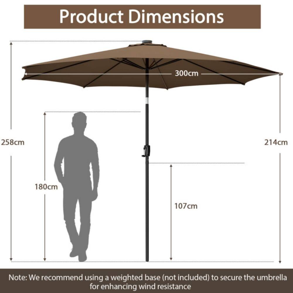 Product Dimensions:  
- 300cm  
- 258cm  
- 214cm  
- 180cm  
- 107cm  

Note: We recommend using a weighted base (not included) to secure the umbrella for enhancing wind resistance.