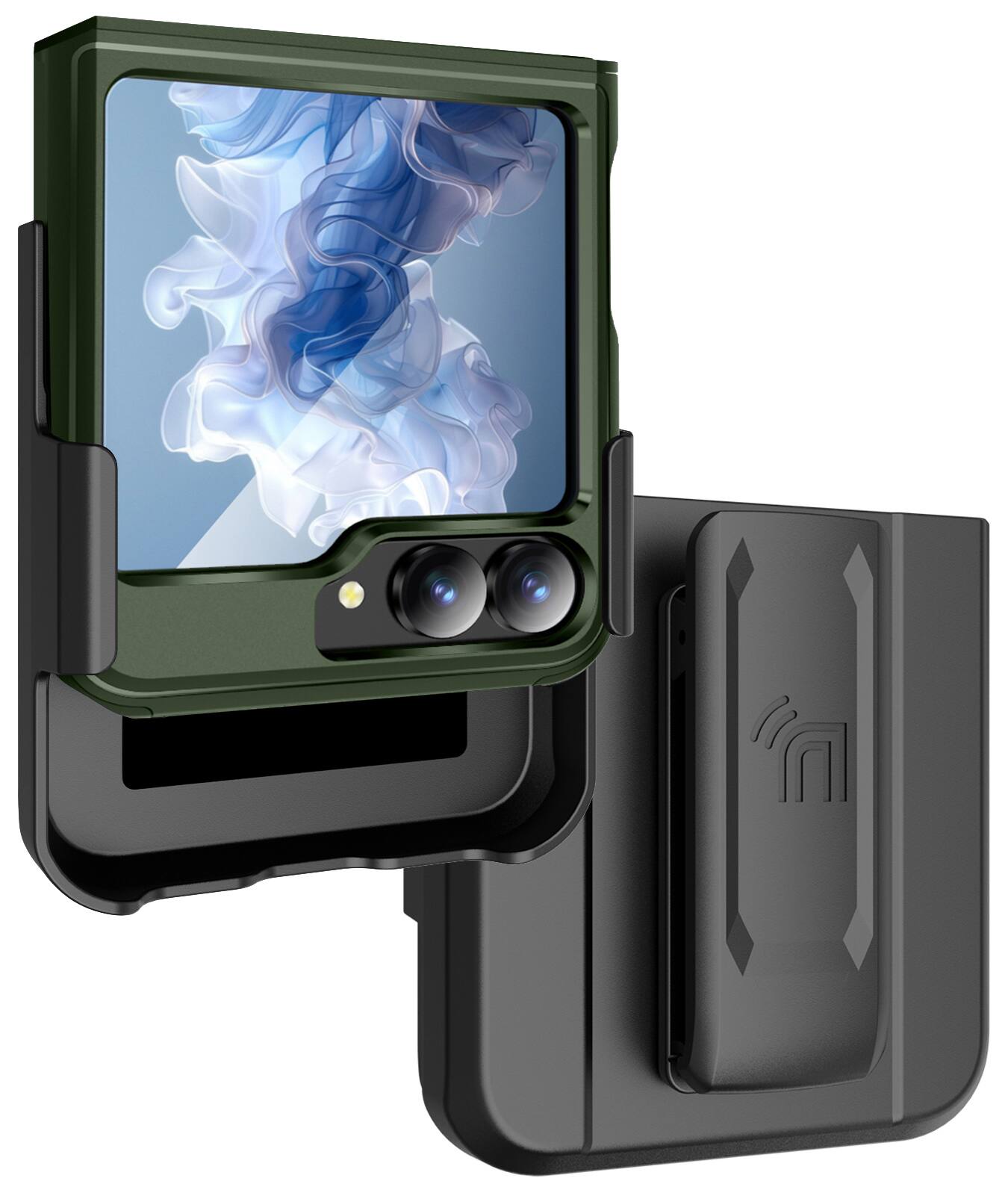 Front. Nakedcellphone - Rizz Case Combo for Samsung Galaxy Z Flip 6 / Z Flip 7 FE - Hybrid Cover and Belt Clip Holster Holder Combination - Olive.