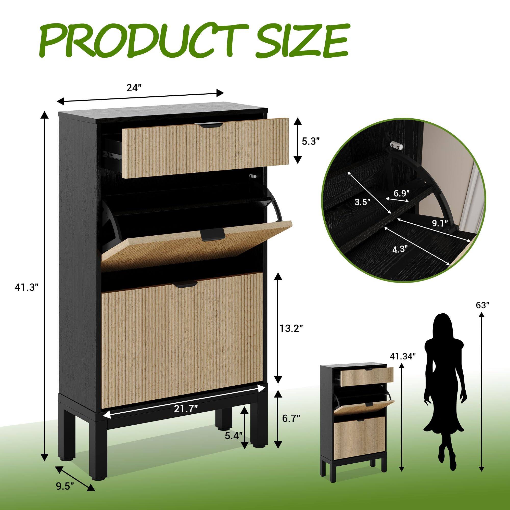 PRODUCT SIZE

- Width: 24"
- Depth: 21.7"
- Height: 41.3"
- Drawer 1: 5.3" (Height) x 24" (Width) x 13.2" (Depth)
- Drawer 2: 5.4" (Height) x 24" (Width) x 13.2" (Depth)
- Drawer 3: 6.7" (Height) x 24" (Width) x 13.2" (Depth)
- Bottom Shelf: 9.5" (Height) x 24" (Width) x 21.7" (Depth)
- Side: 5.3" (Width)
- Drawer 1: 3.5" (Depth) x 6.9" (Width) x 4.3" (Height)
- Drawer 2: 3.5" (Depth) x 9.1" (Width) x 4.3" (Height)
- Drawer 3: 3.5" (Depth) x 9.1" (Width) x 4.3" (Height)
-